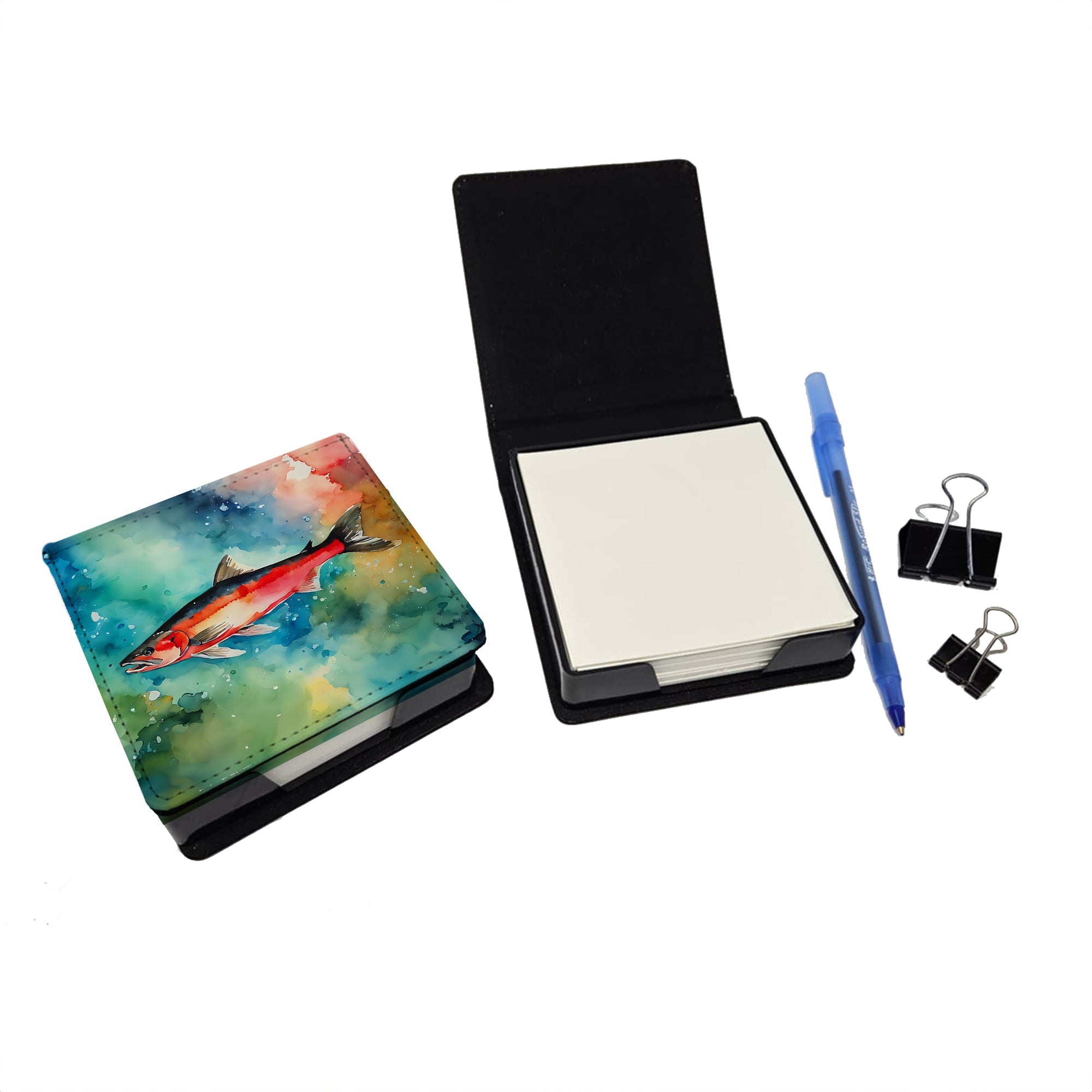 Salmon PU Leather Note Paper Holder with Artist-Designed Cover, Desk Accessory, Office Gift