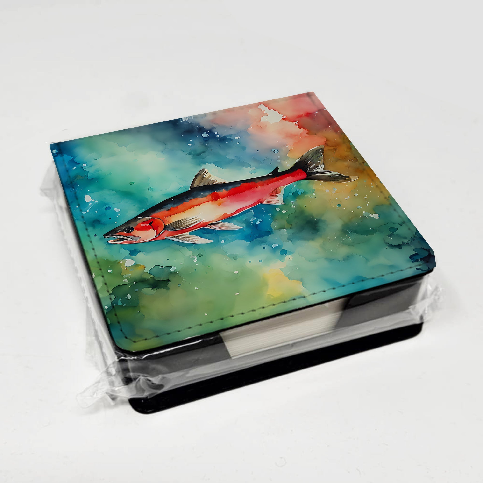 Salmon PU Leather Note Paper Holder with Artist-Designed Cover, Desk Accessory, Office Gift