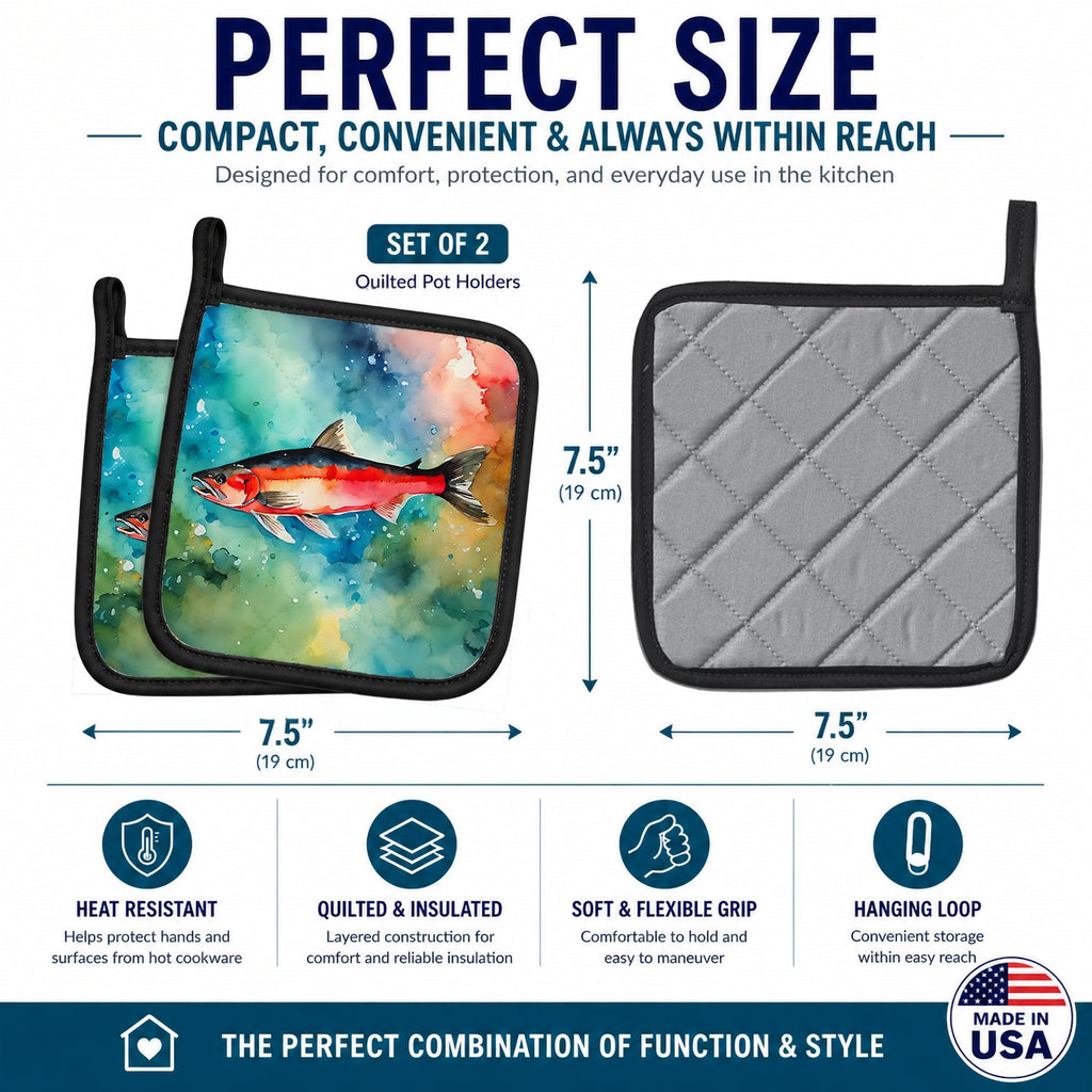 Salmon Pot Holder Set of 2 Heat Resistant Quilted Hot Pads 7.5 x 7.5 Inch, Insulated Kitchen Trivets for Cooking & Baking