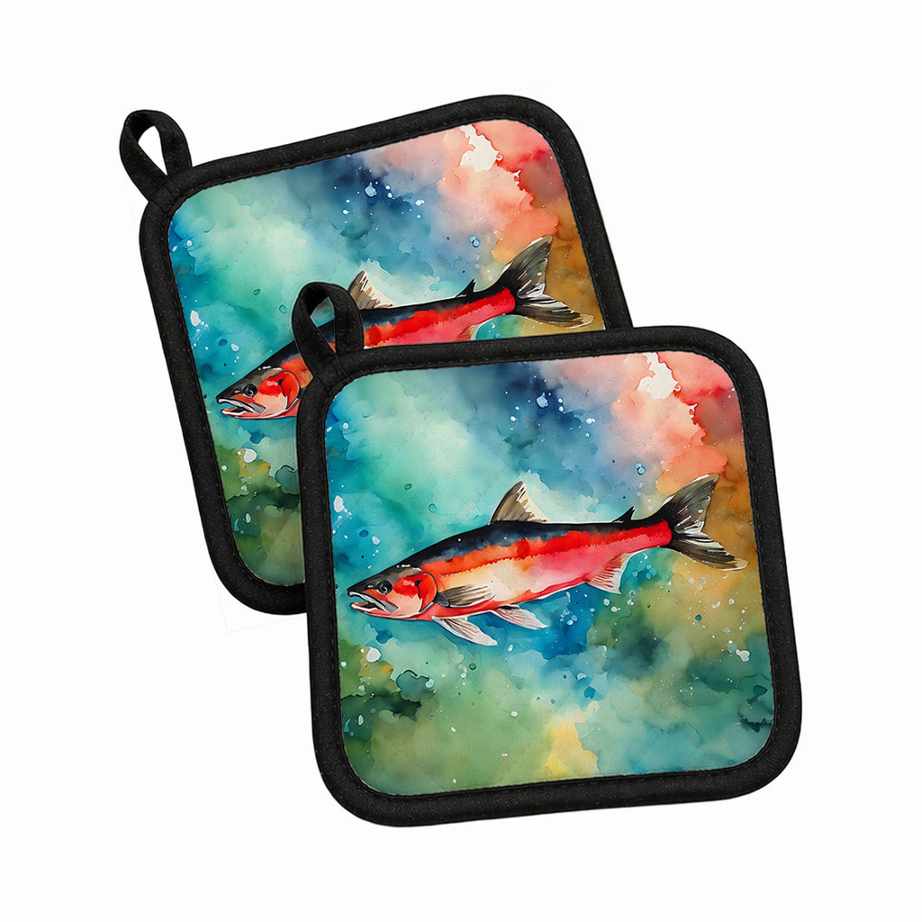 Salmon Pot Holder Set of 2 Heat Resistant Quilted Hot Pads 7.5 x 7.5 Inch, Insulated Kitchen Trivets for Cooking & Baking