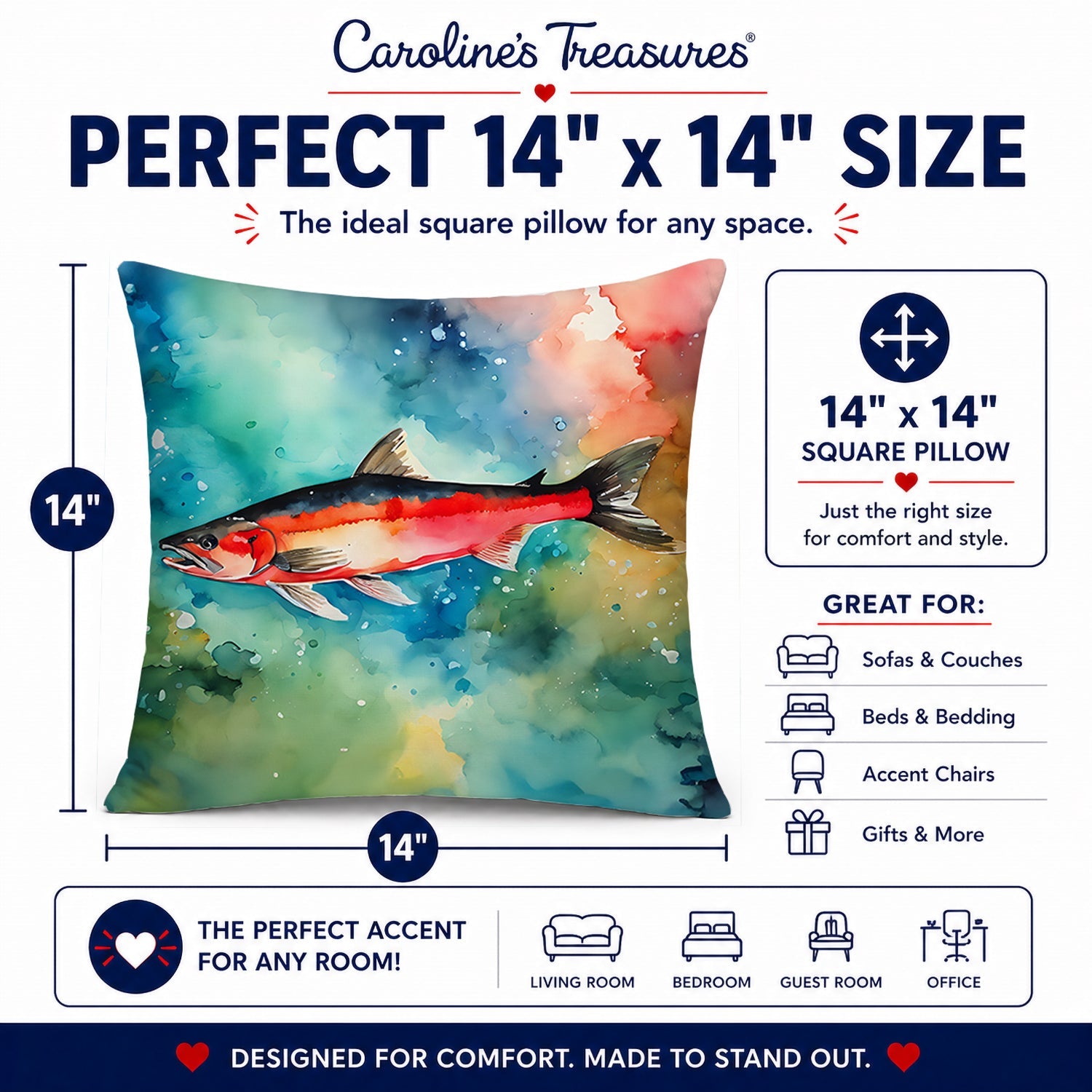 Salmon Decorative Throw Pillow 14x14 Indoor Outdoor Accent Cushion, Fabric Cover with Insert for Sofa, Bed, Porch & Living Room