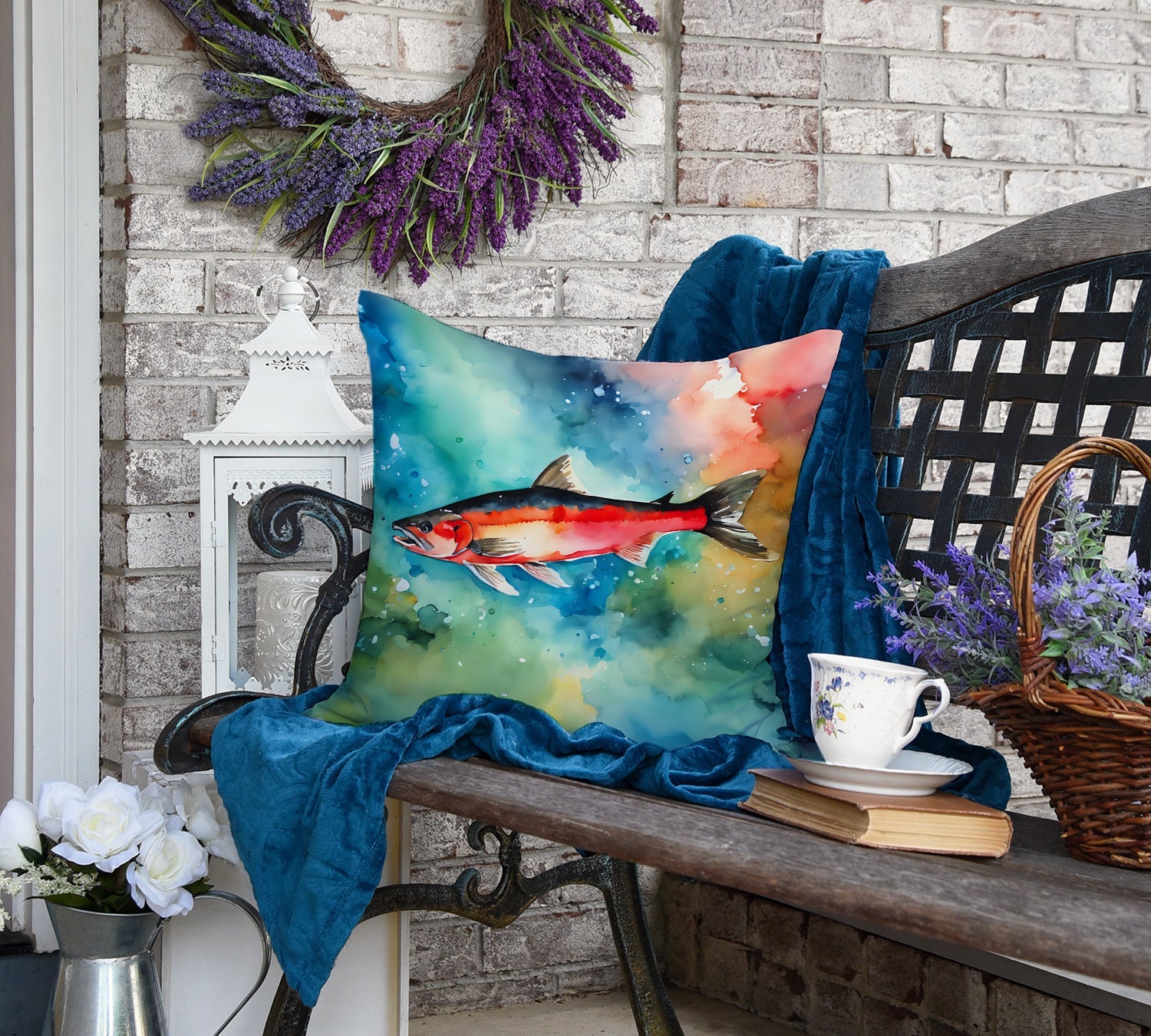 Salmon Decorative Throw Pillow 18x18 Indoor Outdoor Accent Cushion, Fabric Cover with Insert for Sofa, Bed, Porch & Living Room