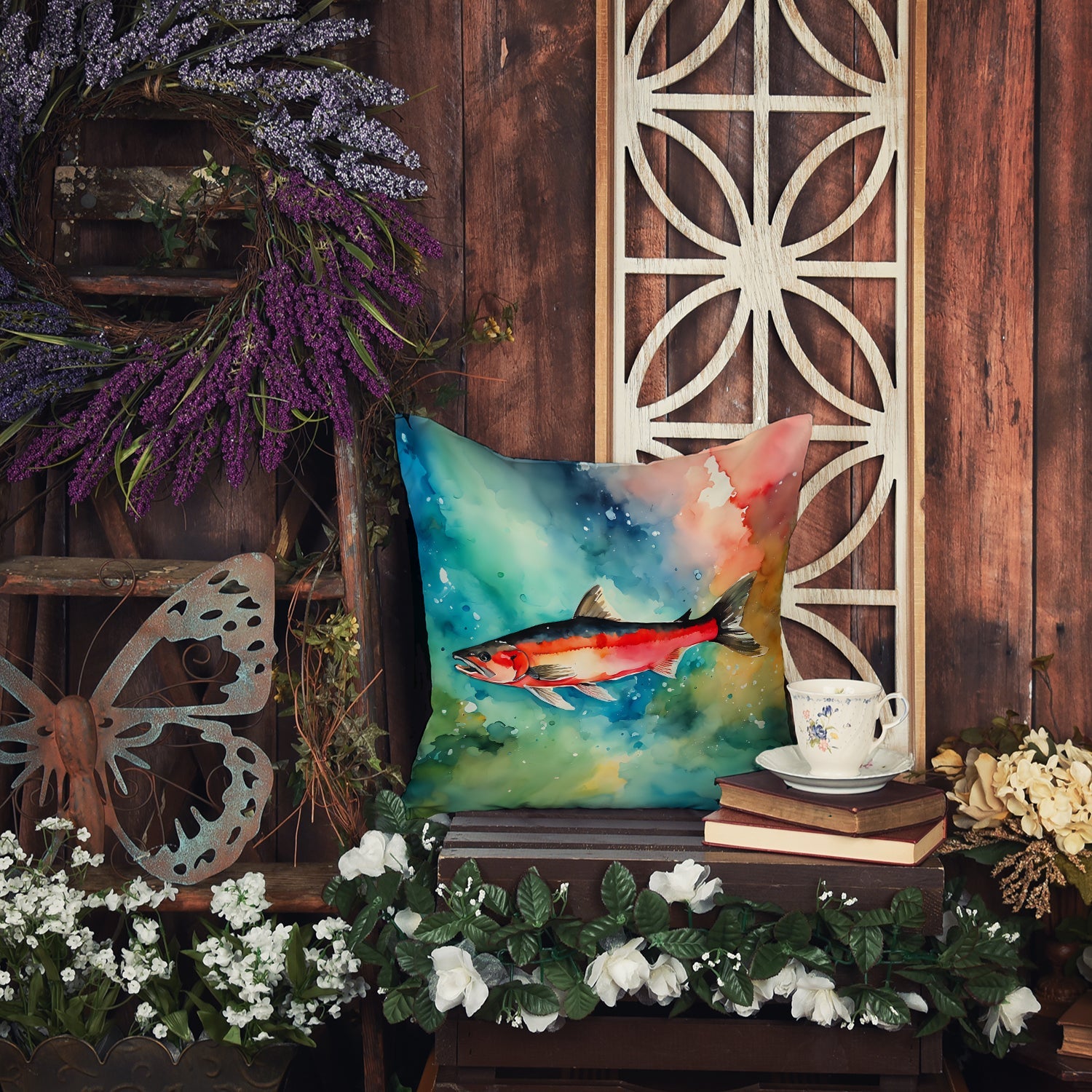 Salmon Decorative Throw Pillow 18x18 Indoor Outdoor Accent Cushion, Fabric Cover with Insert for Sofa, Bed, Porch & Living Room