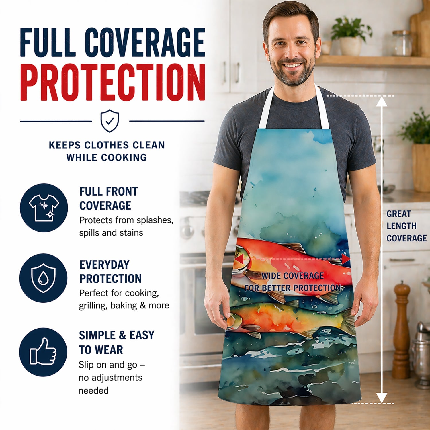 Salmon Apron Cooking Kitchen Server Baking Crafts Gardening for Adult Women Men, Unisex, Large, Multicolor