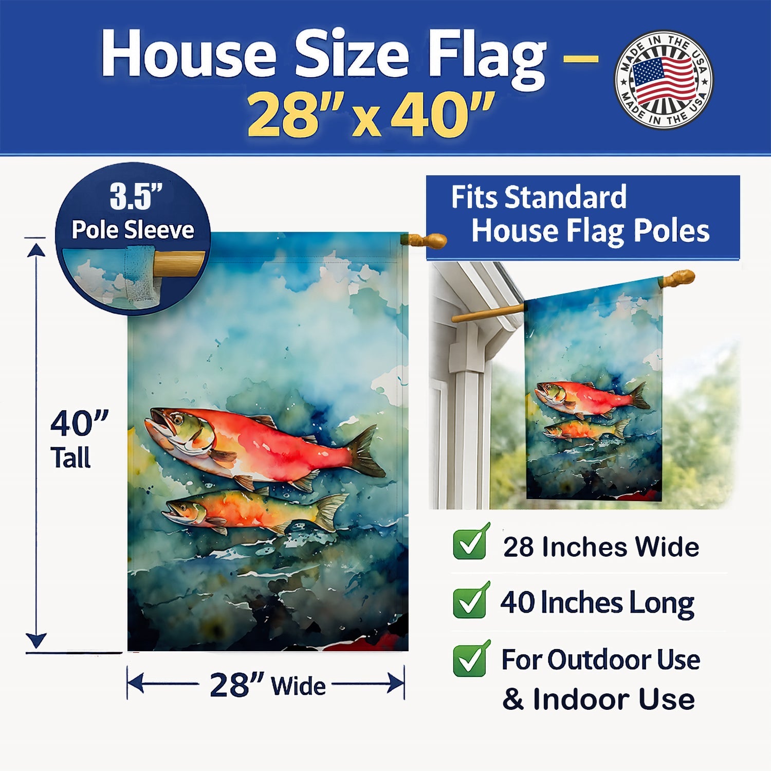 Salmon House Flag 28x40 Porch Sleeve Pole Decorative Outside Yard Banner Artwork Wall Hanging, Polyester