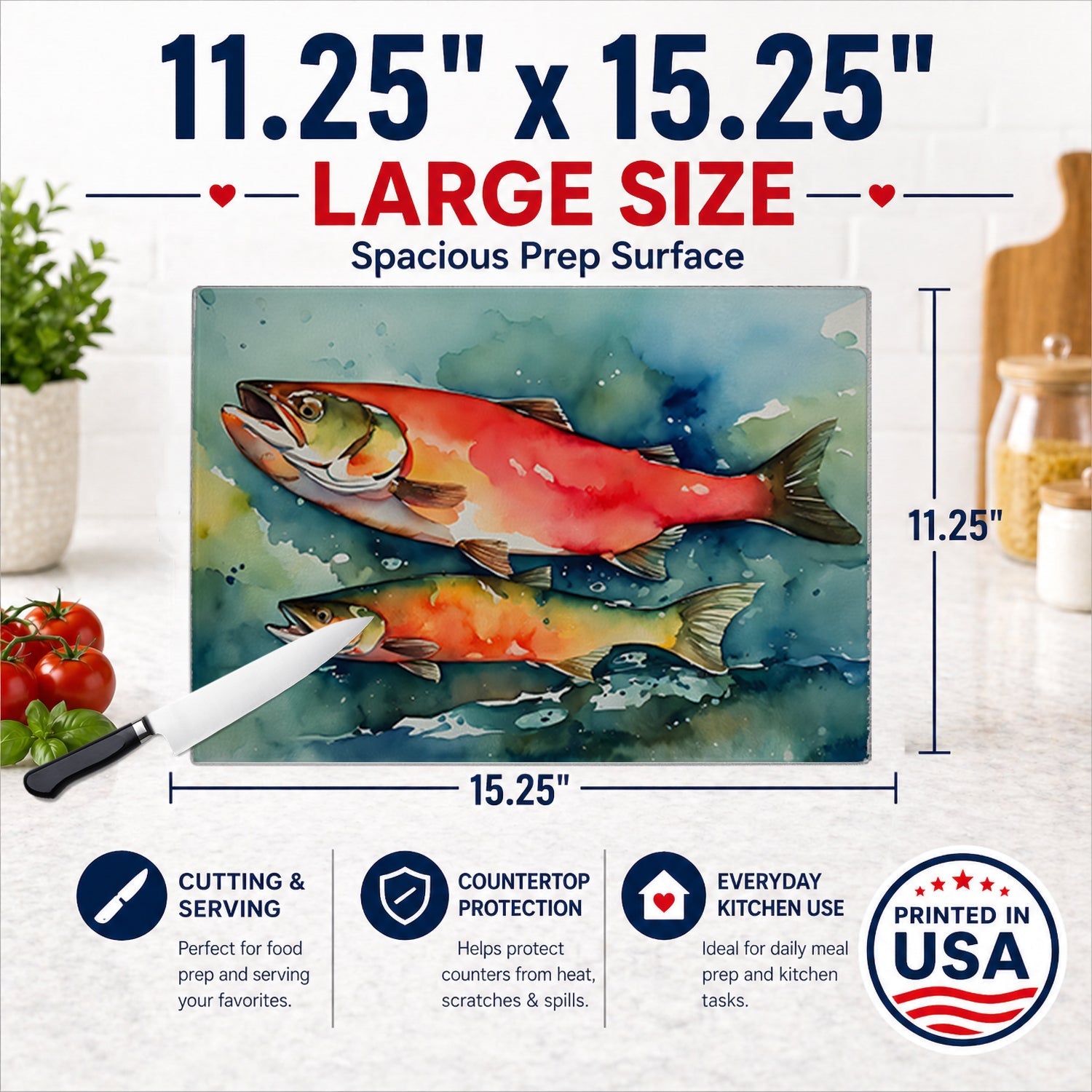 Salmon Cutting Board Tempered Glass Kitchen Cutting Surface, Heat Resistant Chopping, Non-Slip Feet, Food Prep & Serving