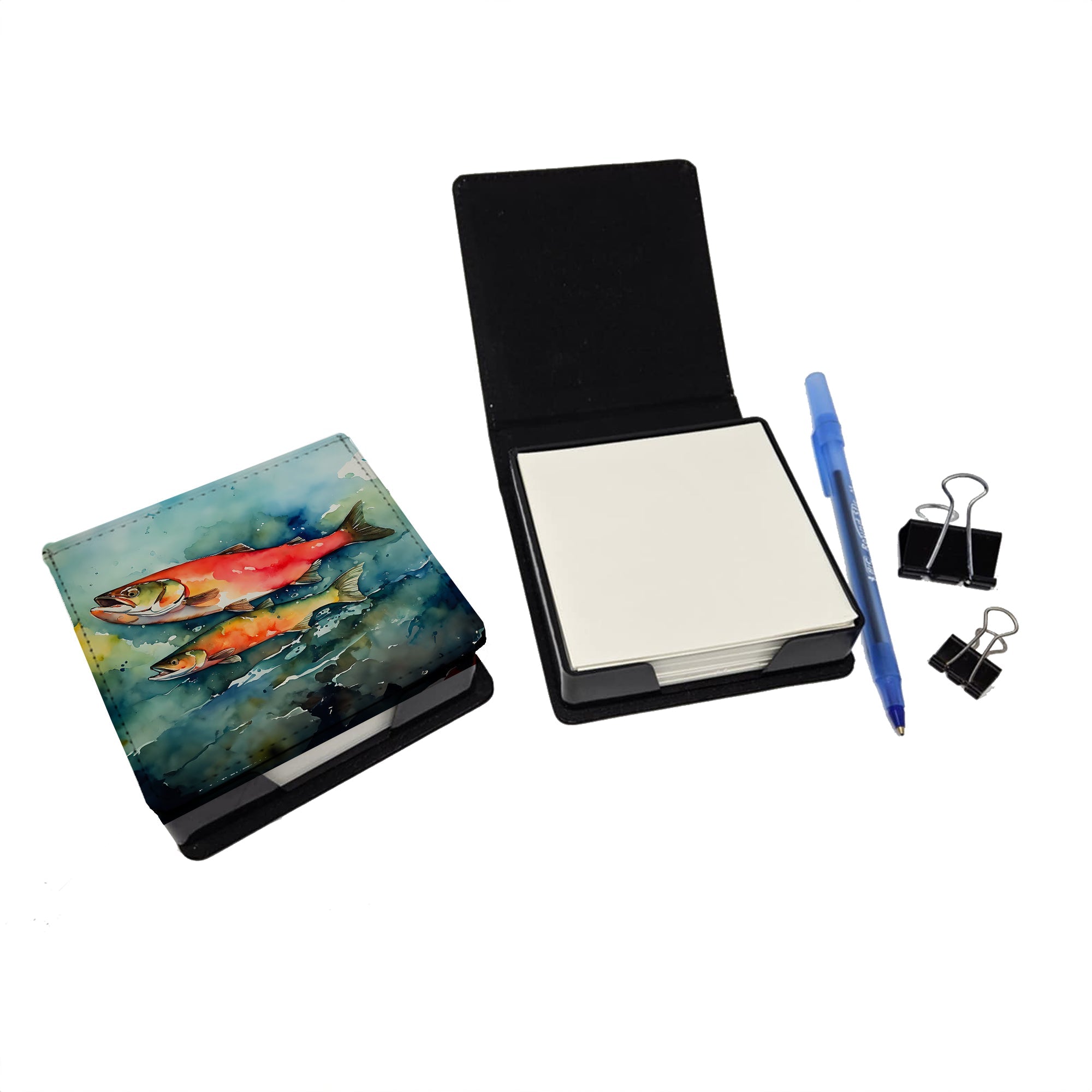 Salmon PU Leather Note Paper Holder with Artist-Designed Cover, Desk Accessory, Office Gift