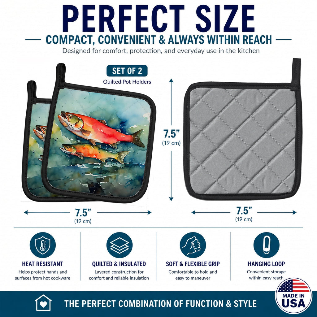 Salmon Pot Holder Set of 2 Heat Resistant Quilted Hot Pads 7.5 x 7.5 Inch, Insulated Kitchen Trivets for Cooking & Baking