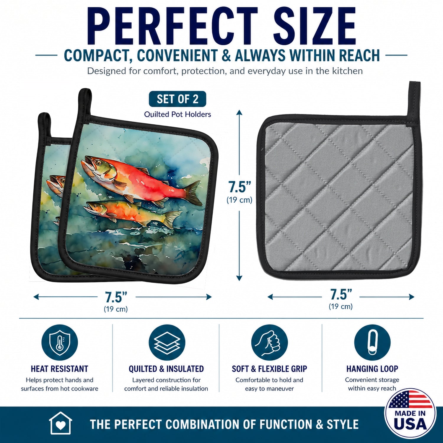 Salmon Pot Holder Set of 2 Heat Resistant Quilted Hot Pads 7.5 x 7.5 Inch, Insulated Kitchen Trivets for Cooking & Baking