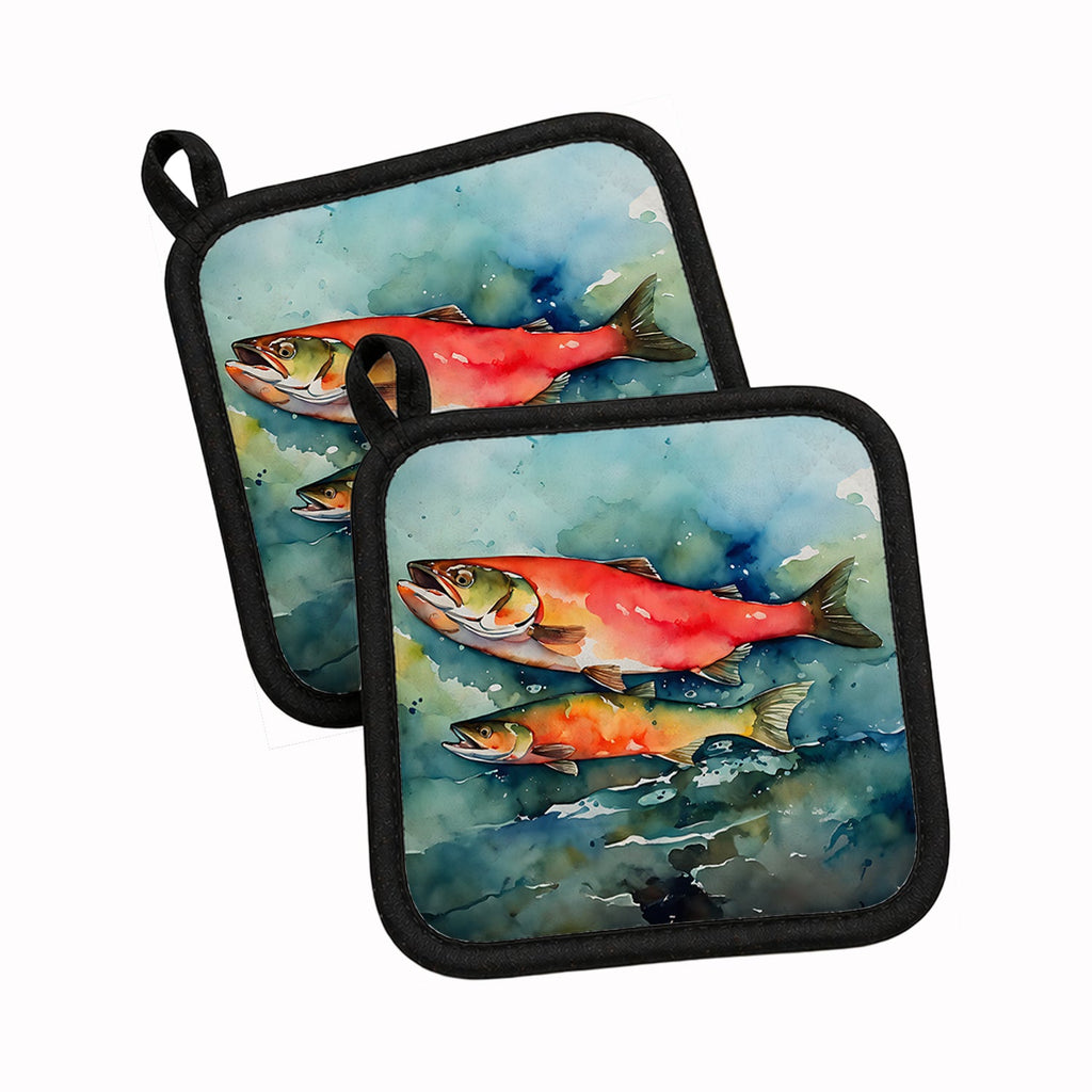 Salmon Pot Holder Set of 2 Heat Resistant Quilted Hot Pads 7.5 x 7.5 Inch, Insulated Kitchen Trivets for Cooking & Baking