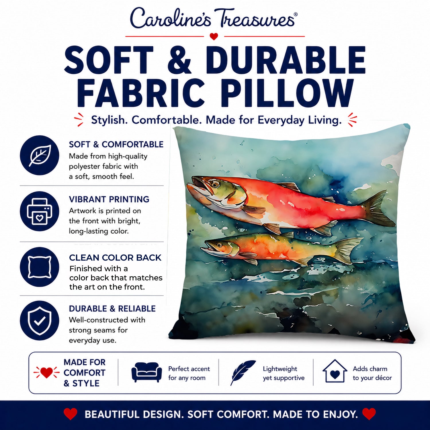 Salmon Decorative Throw Pillow 14x14 Indoor Outdoor Accent Cushion, Fabric Cover with Insert for Sofa, Bed, Porch & Living Room