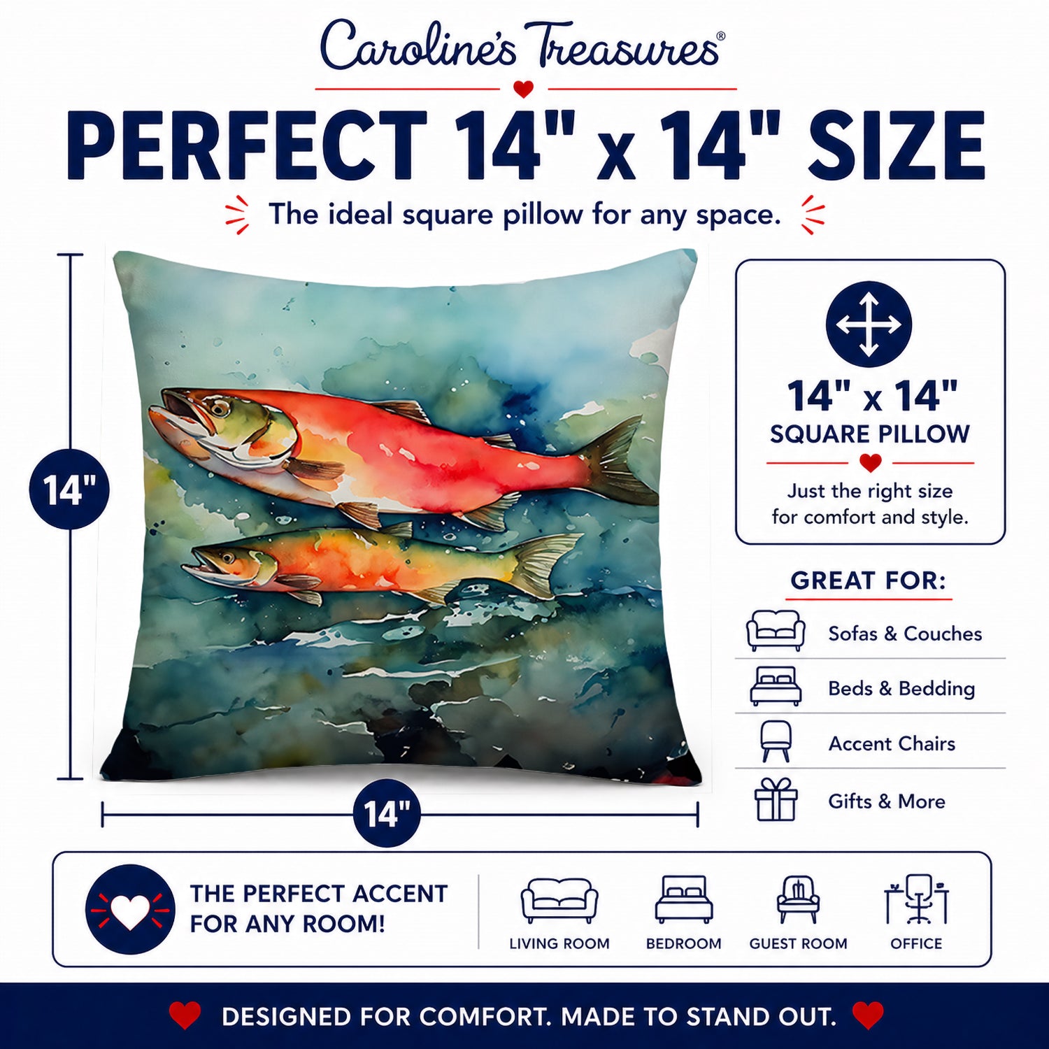 Salmon Decorative Throw Pillow 14x14 Indoor Outdoor Accent Cushion, Fabric Cover with Insert for Sofa, Bed, Porch & Living Room
