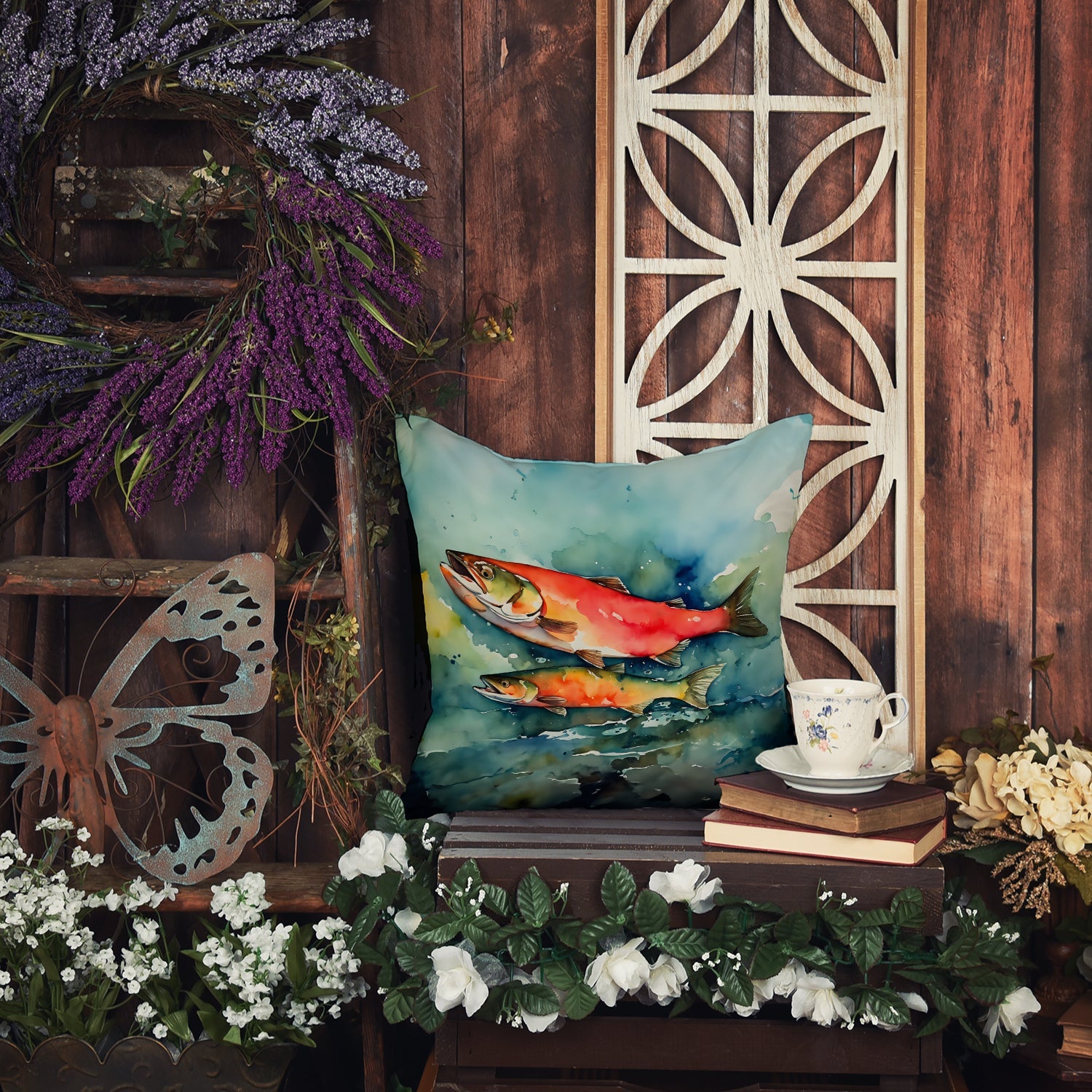 Salmon Decorative Throw Pillow 18x18 Indoor Outdoor Accent Cushion, Fabric Cover with Insert for Sofa, Bed, Porch & Living Room