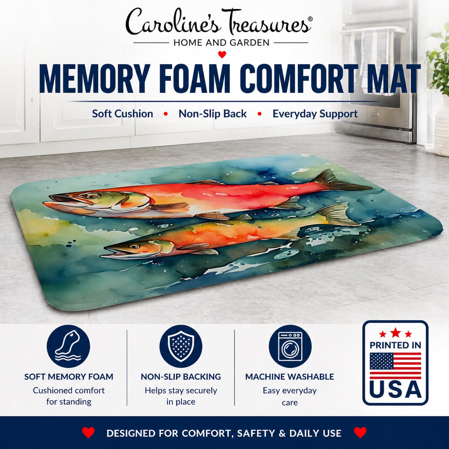 Salmon Memory Foam Kitchen Mat Machine Washable Anti-Fatigue Cushion Comfort Bath or Kitchen Rug