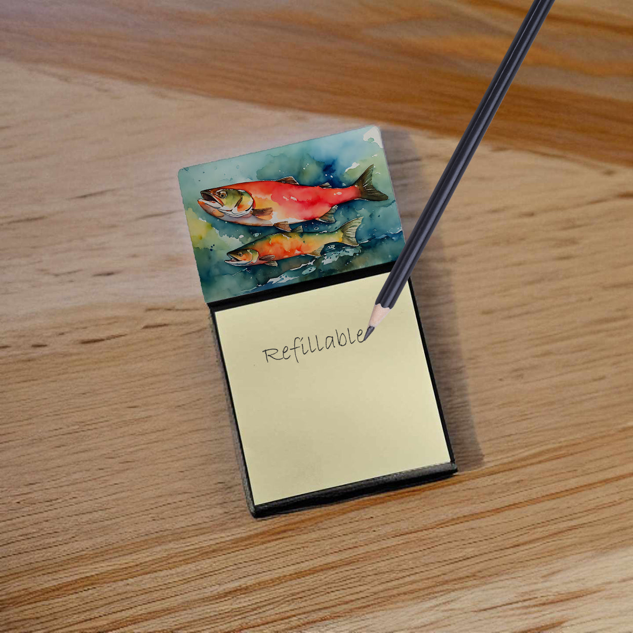 Salmon Watercolor Sticky Note Holder Refillable Dispenser Desk Accessory 3x3 Pad Gift