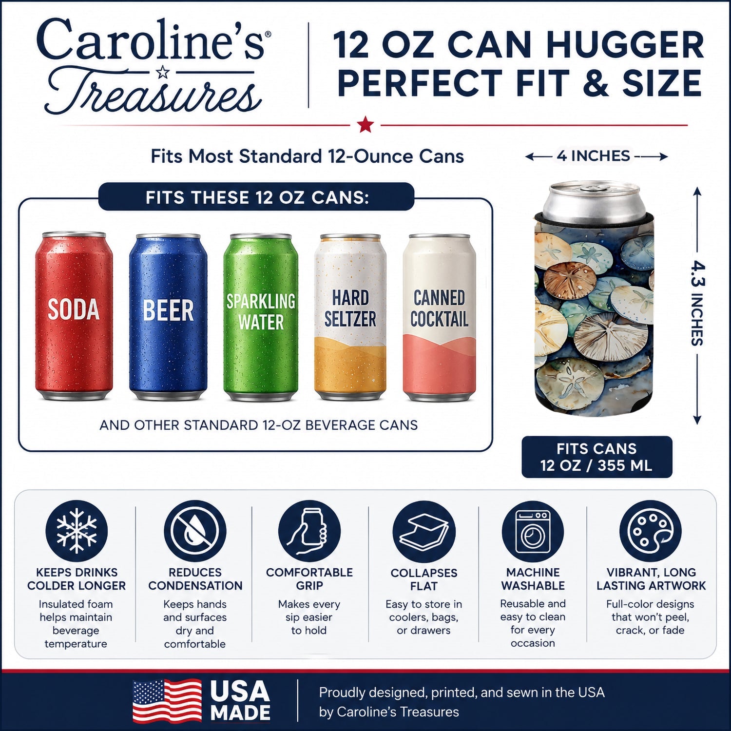 Sand Dollars Can or Bottle Hugger Cooler Sleeve for Standard 12 oz Cans, Insulated Foam Beer & Soda Can Hugger Reusable