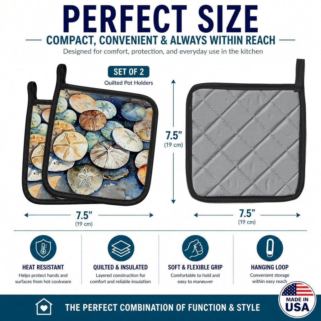 Sand Dollars Pot Holder Set of 2 Heat Resistant Quilted Hot Pads 7.5 x 7.5 Inch, Insulated Kitchen Trivets for Cooking & Baking