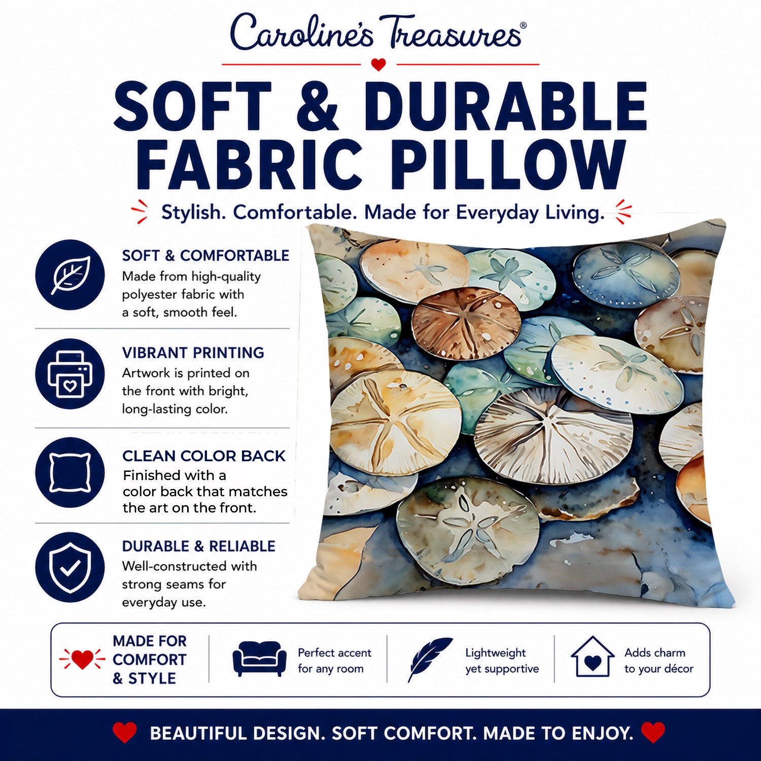 Sand Dollars Decorative Throw Pillow 14x14 Indoor Outdoor Accent Cushion, Fabric Cover with Insert for Sofa, Bed, Porch & Living Room