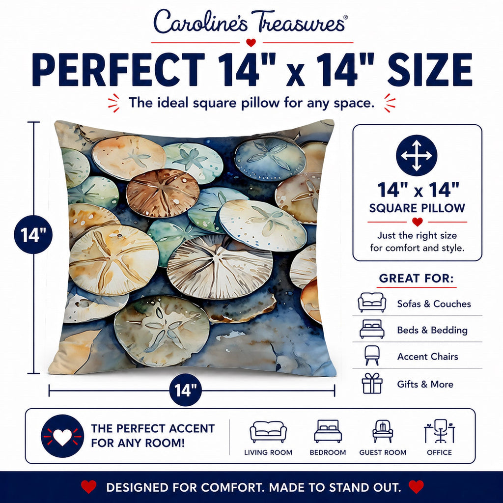 Sand Dollars Decorative Throw Pillow 14x14 Indoor Outdoor Accent Cushion, Fabric Cover with Insert for Sofa, Bed, Porch & Living Room