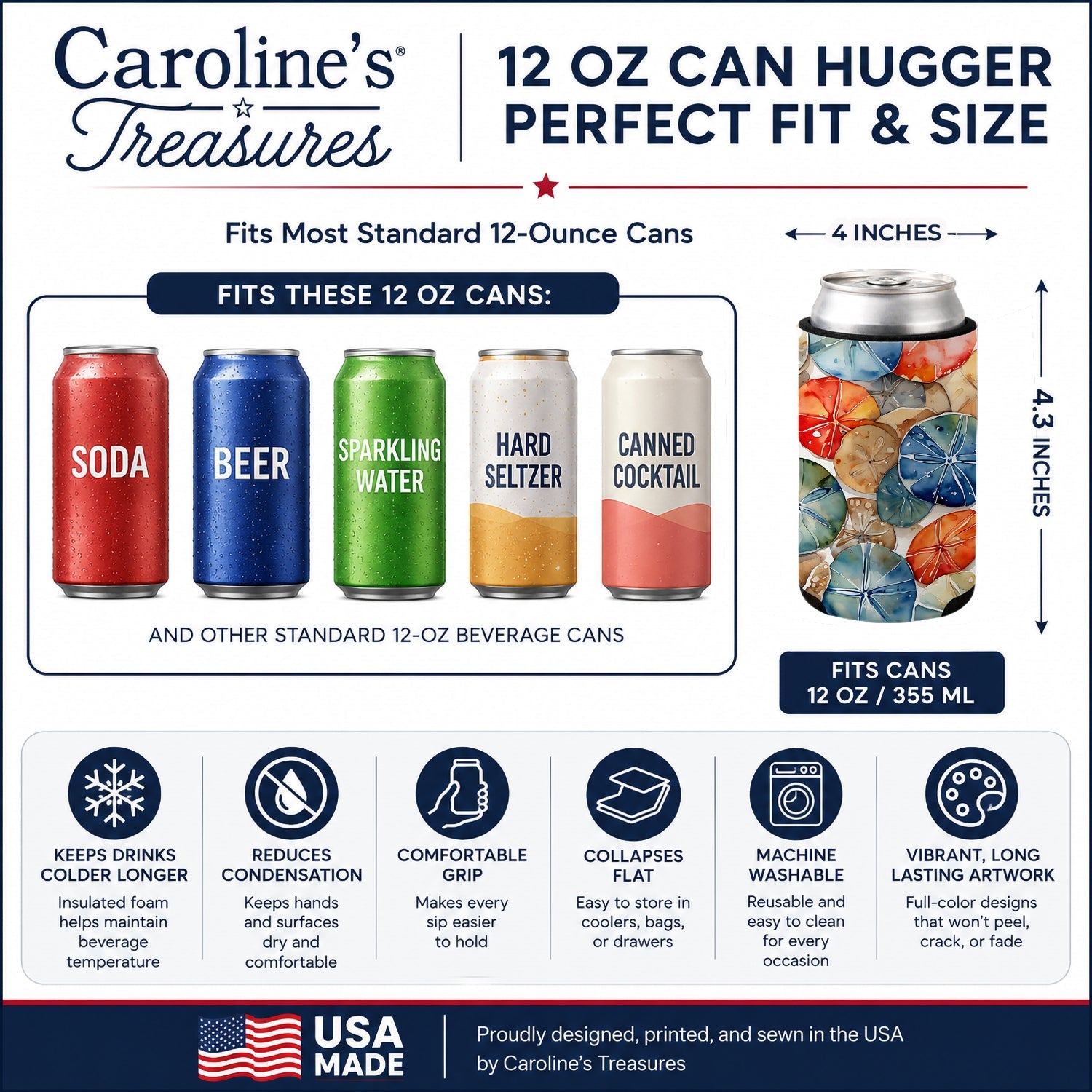 Sand Dollars Can or Bottle Hugger Cooler Sleeve for Standard 12 oz Cans, Insulated Foam Beer & Soda Can Hugger Reusable