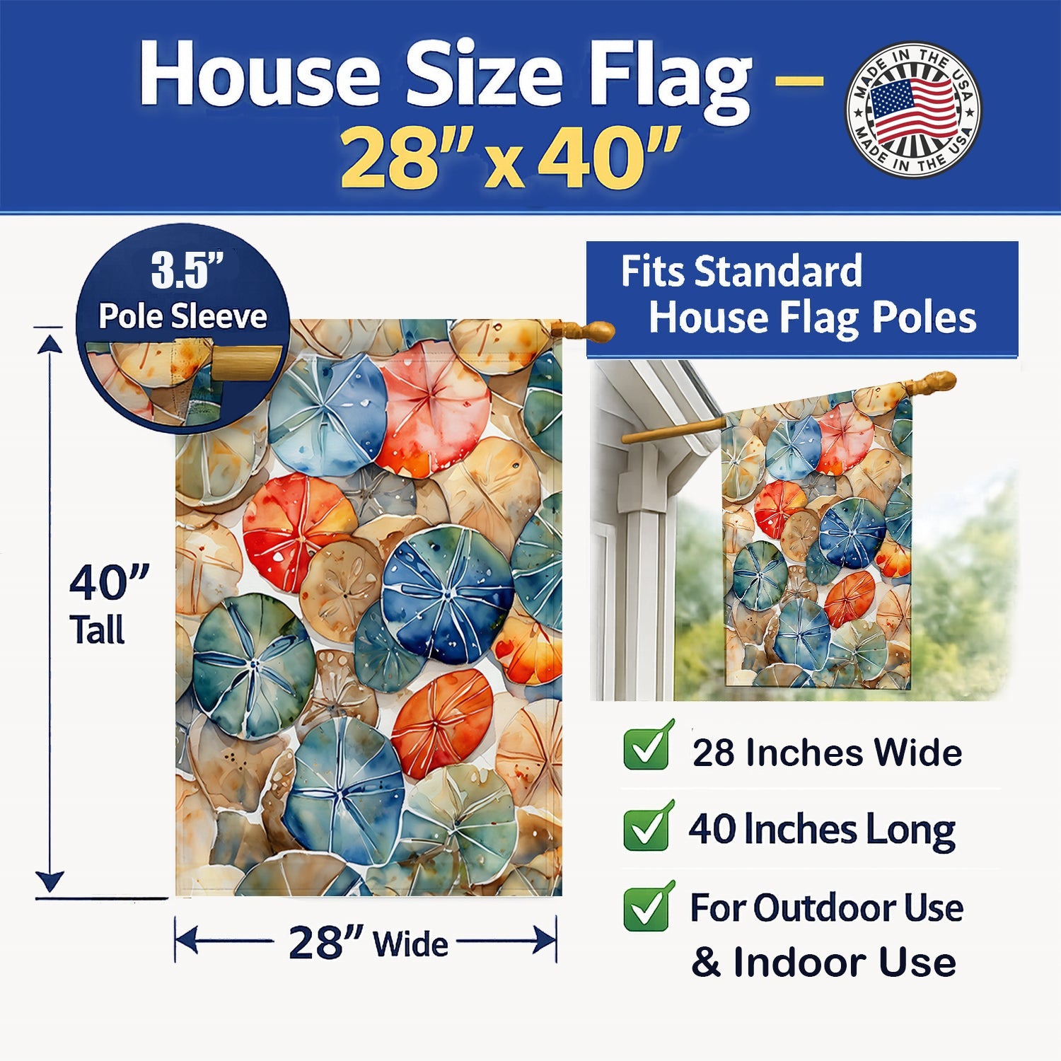 Sand Dollars House Flag 28x40 Porch Sleeve Pole Decorative Outside Yard Banner Artwork Wall Hanging, Polyester