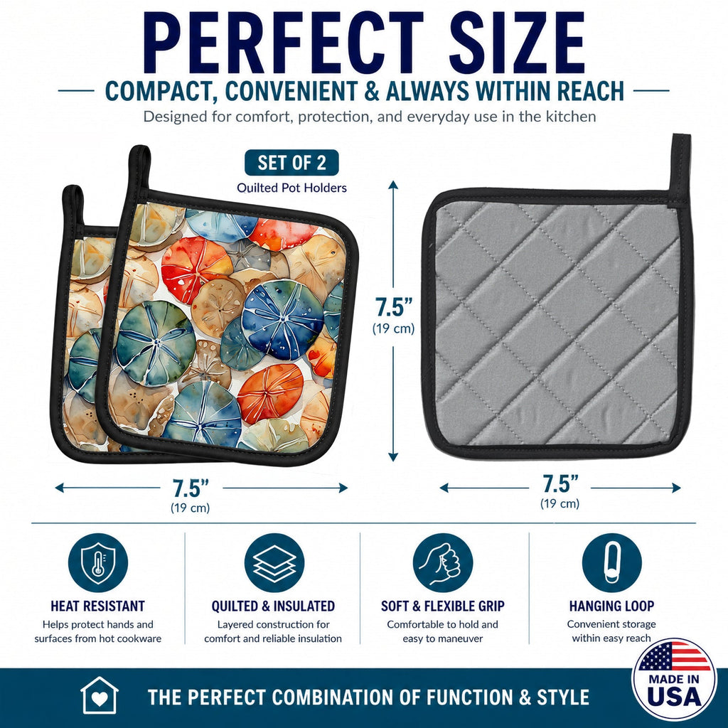 Sand Dollars Pot Holder Set of 2 Heat Resistant Quilted Hot Pads 7.5 x 7.5 Inch, Insulated Kitchen Trivets for Cooking & Baking