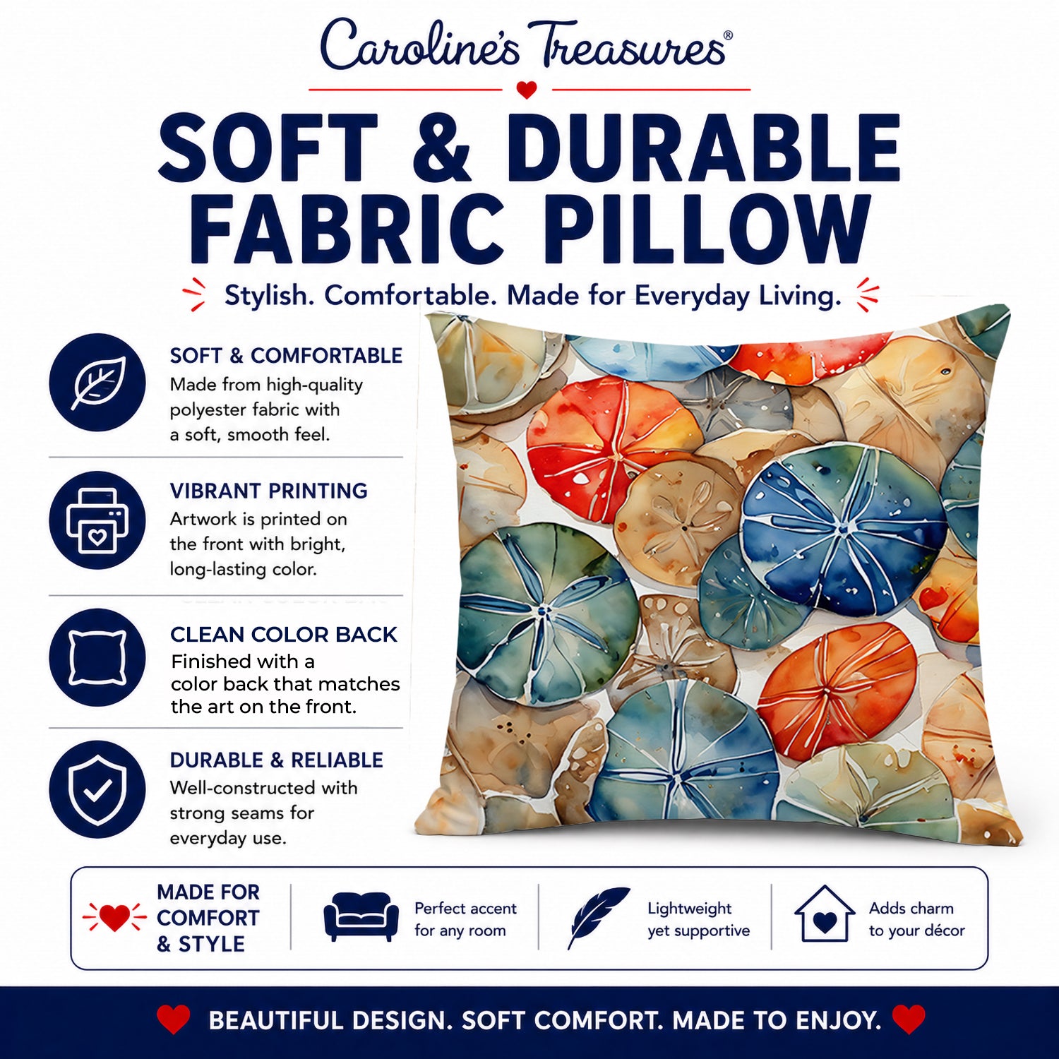 Sand Dollars Decorative Throw Pillow 14x14 Indoor Outdoor Accent Cushion, Fabric Cover with Insert for Sofa, Bed, Porch & Living Room