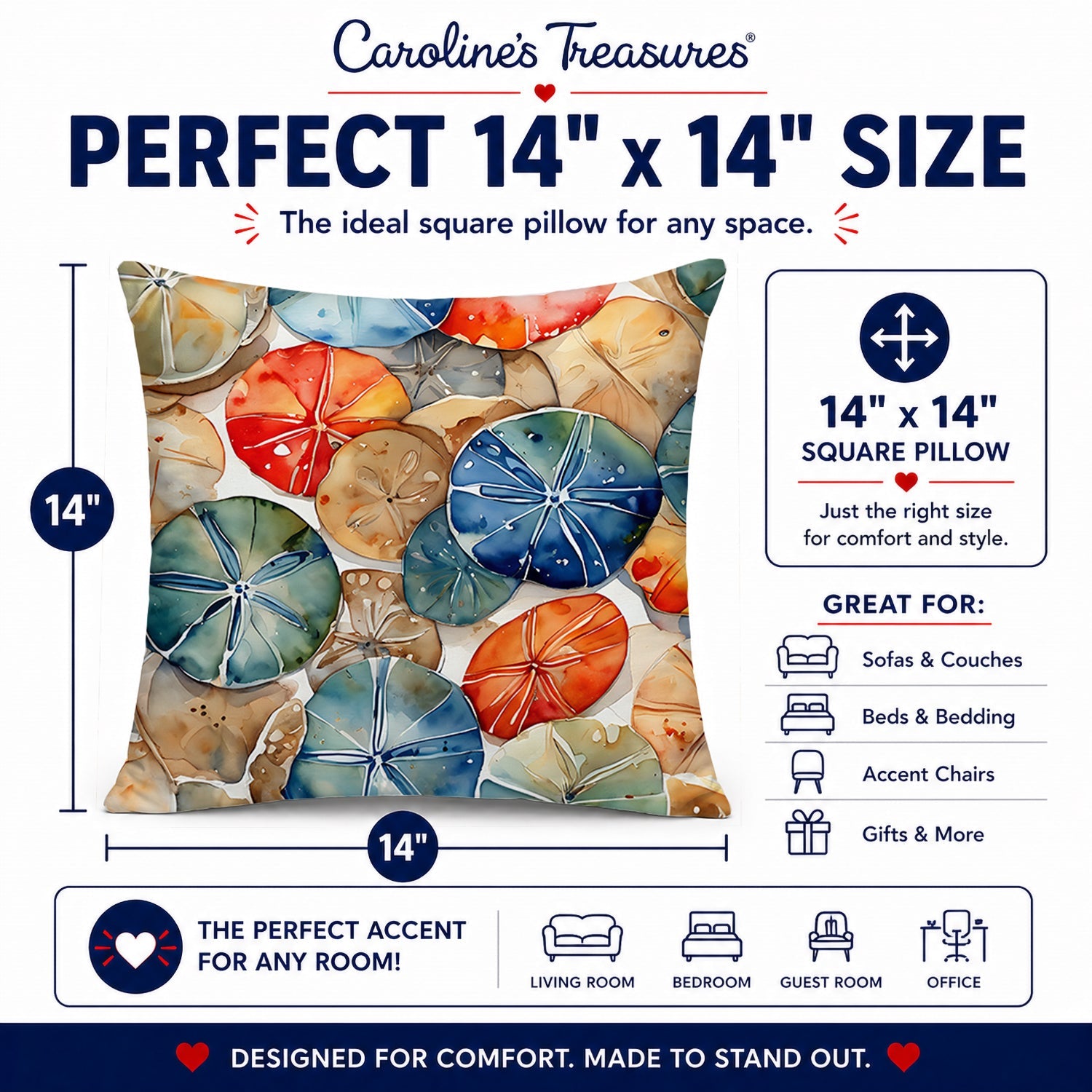 Sand Dollars Decorative Throw Pillow 14x14 Indoor Outdoor Accent Cushion, Fabric Cover with Insert for Sofa, Bed, Porch & Living Room