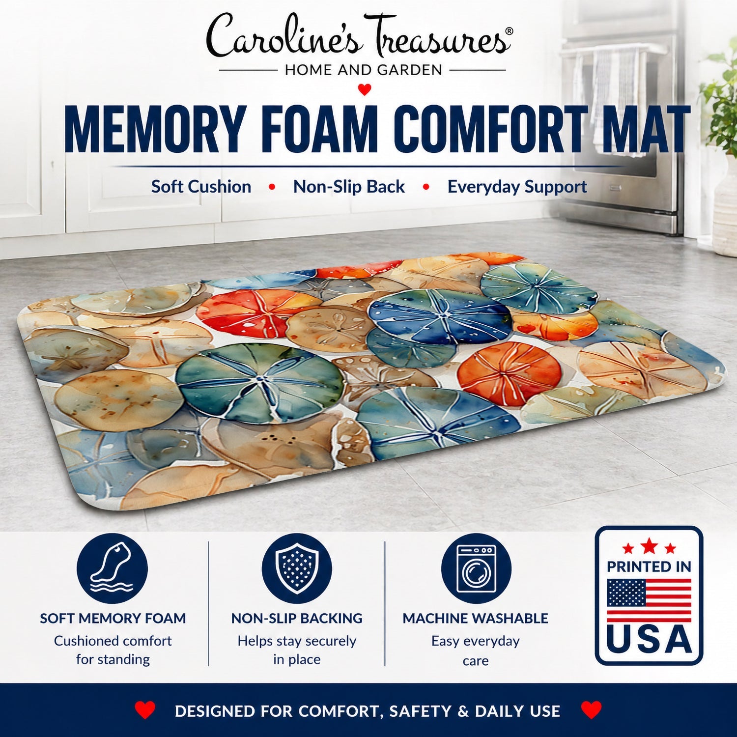 Sand Dollars Memory Foam Kitchen Mat Machine Washable Anti-Fatigue Cushion Comfort Bath or Kitchen Rug