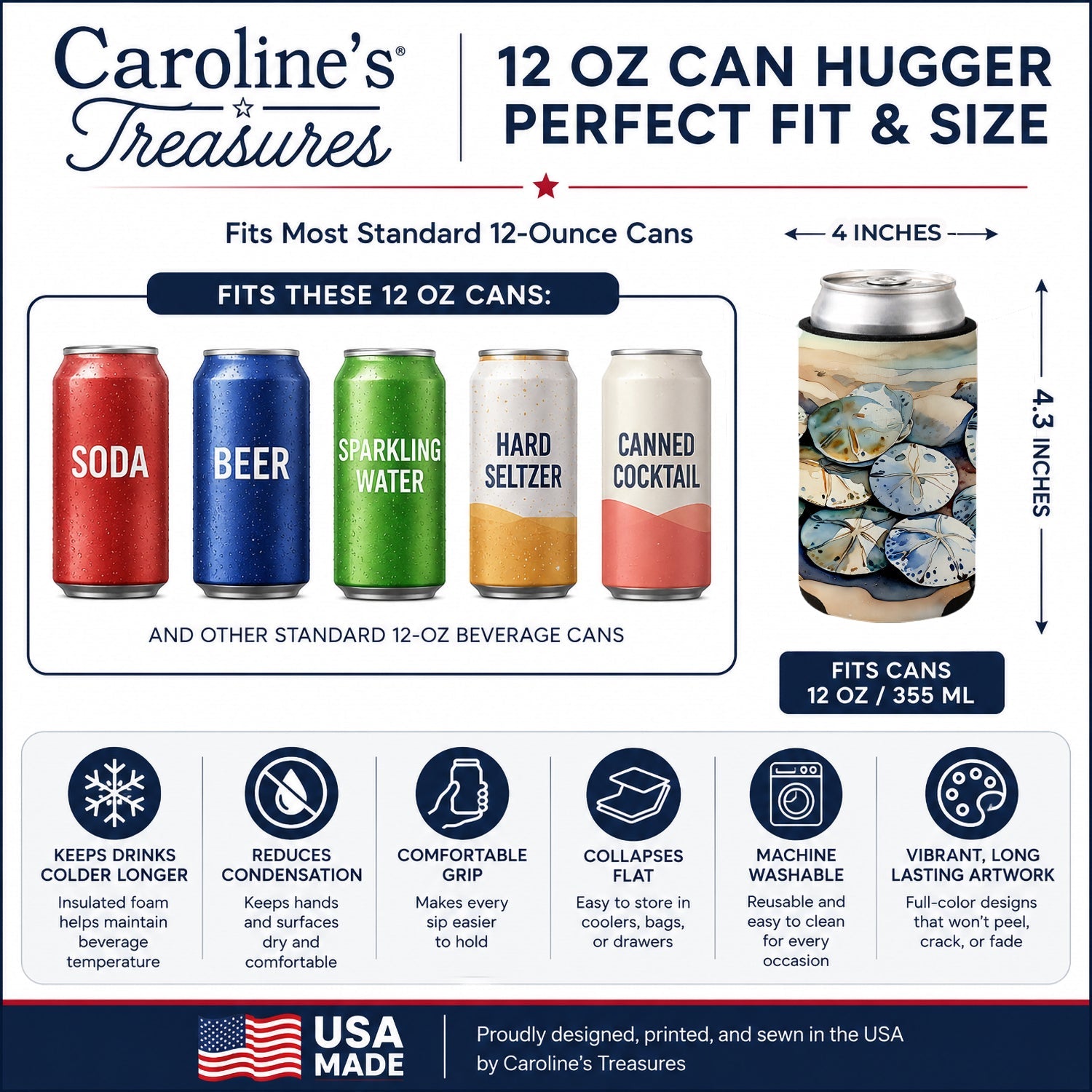 Sand Dollars Can or Bottle Hugger Cooler Sleeve for Standard 12 oz Cans, Insulated Foam Beer & Soda Can Hugger Reusable