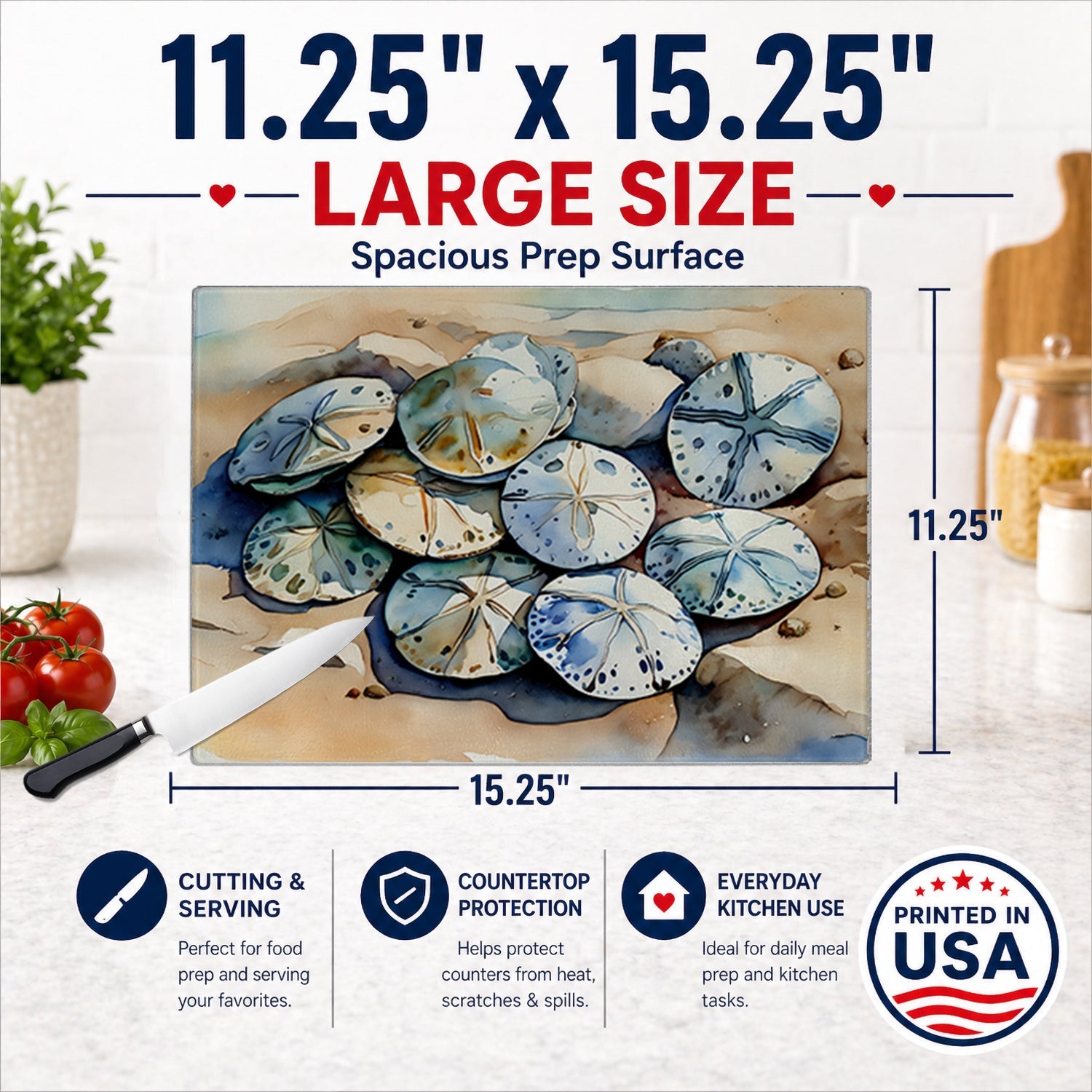 Sand Dollars Cutting Board Tempered Glass Kitchen Cutting Surface, Heat Resistant Chopping, Non-Slip Feet, Food Prep & Serving