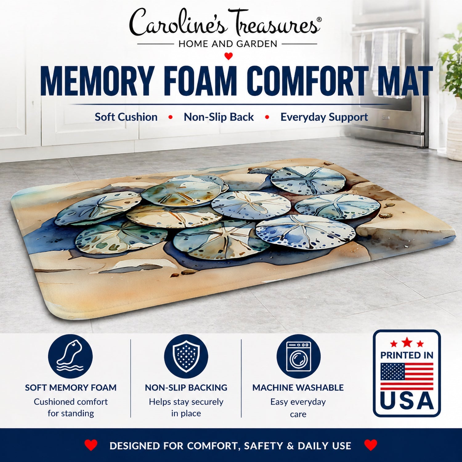 Sand Dollars Memory Foam Kitchen Mat Machine Washable Anti-Fatigue Cushion Comfort Bath or Kitchen Rug