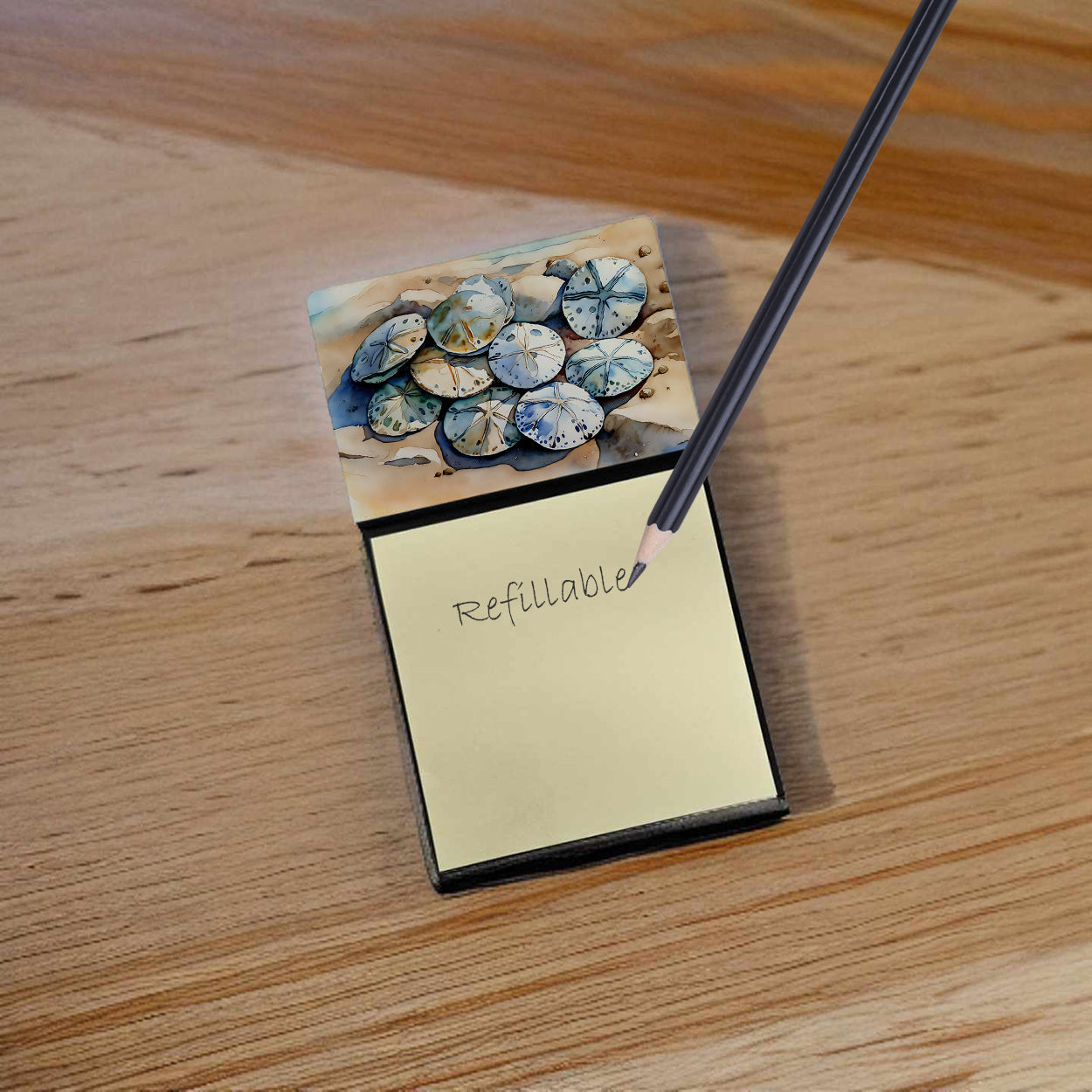 Sand Dollars Watercolor Sticky Note Holder Refillable Dispenser Desk Accessory 3x3 Pad Gift