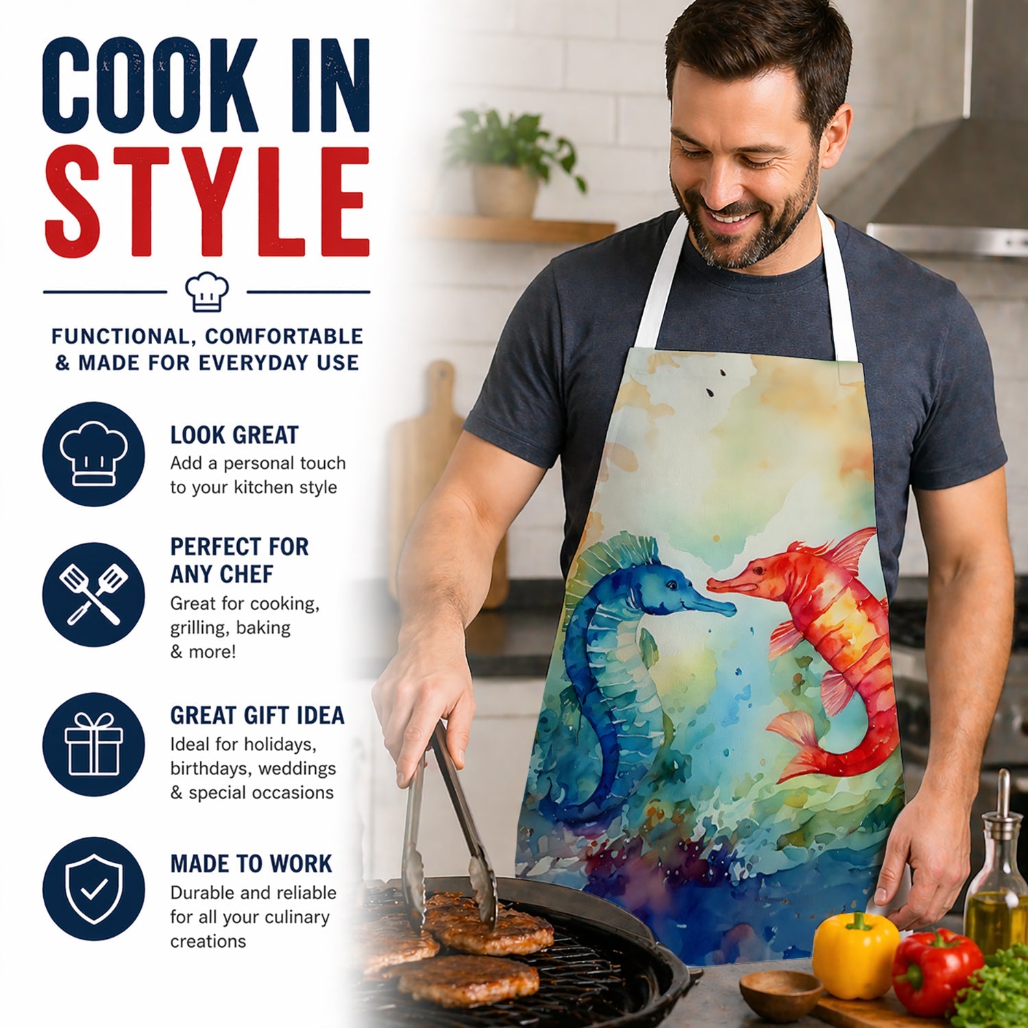 Seahorses Apron Cooking Kitchen Server Baking Crafts Gardening for Adult Women Men, Unisex, Large, Multicolor