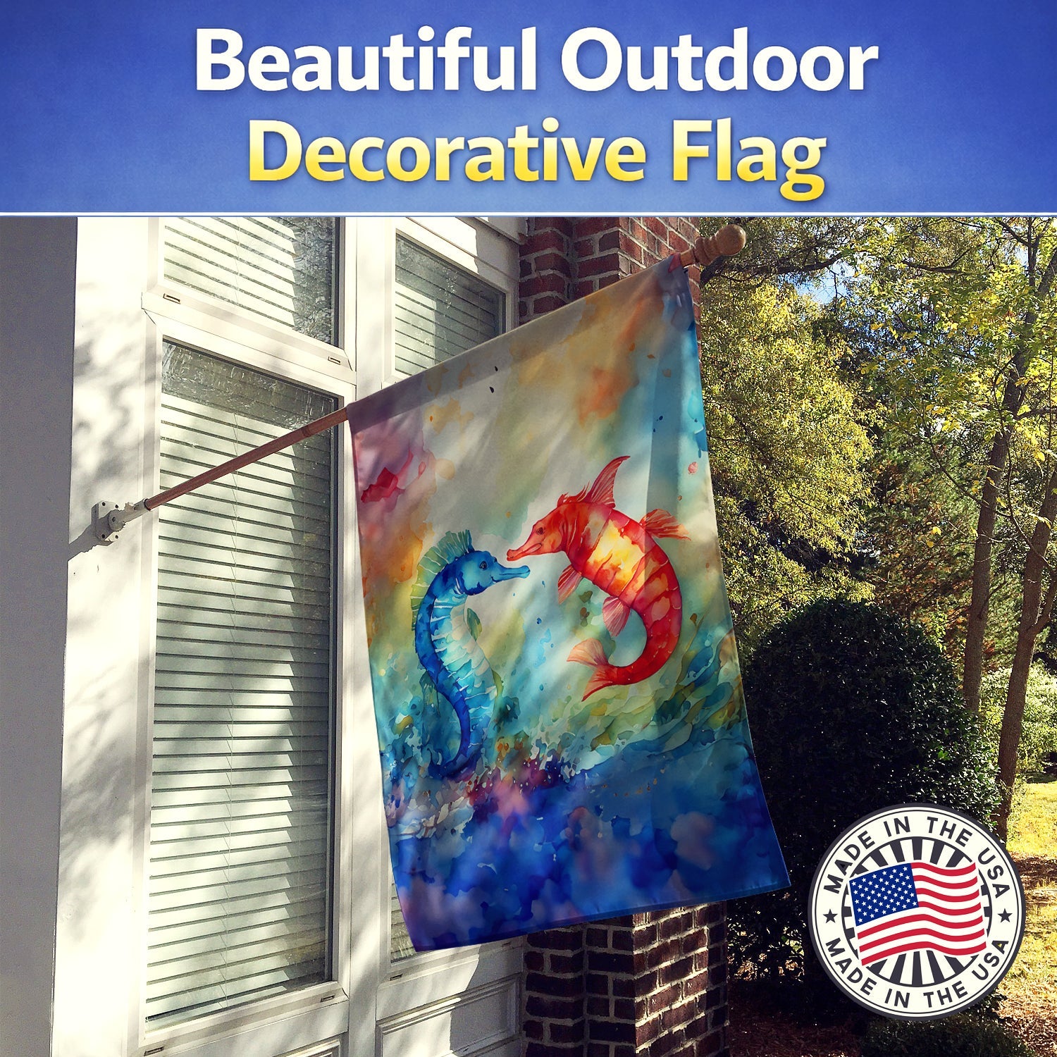 Seahorses House Flag 28x40 Porch Sleeve Pole Decorative Outside Yard Banner Artwork Wall Hanging, Polyester