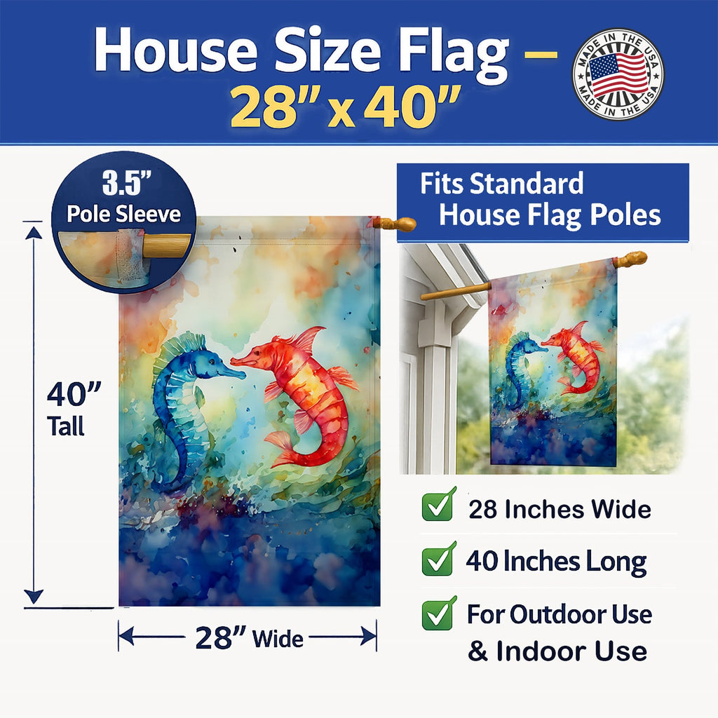 Seahorses House Flag 28x40 Porch Sleeve Pole Decorative Outside Yard Banner Artwork Wall Hanging, Polyester