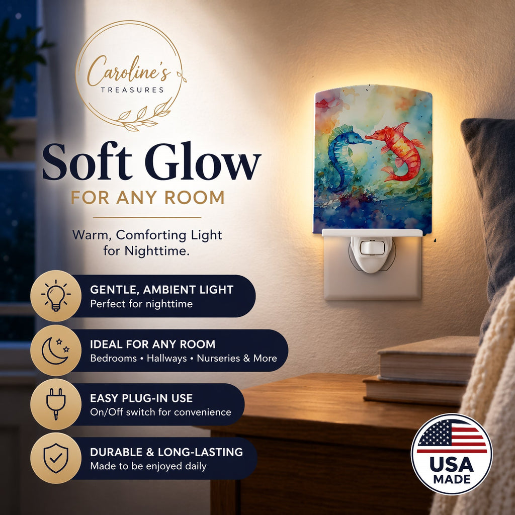 Seahorses Ceramic Night Light Compact, UL-Certified, Ideal for Bedroom, Bathroom, Nursery, Hallway, Kitchen, 6x4x3, Multicolor