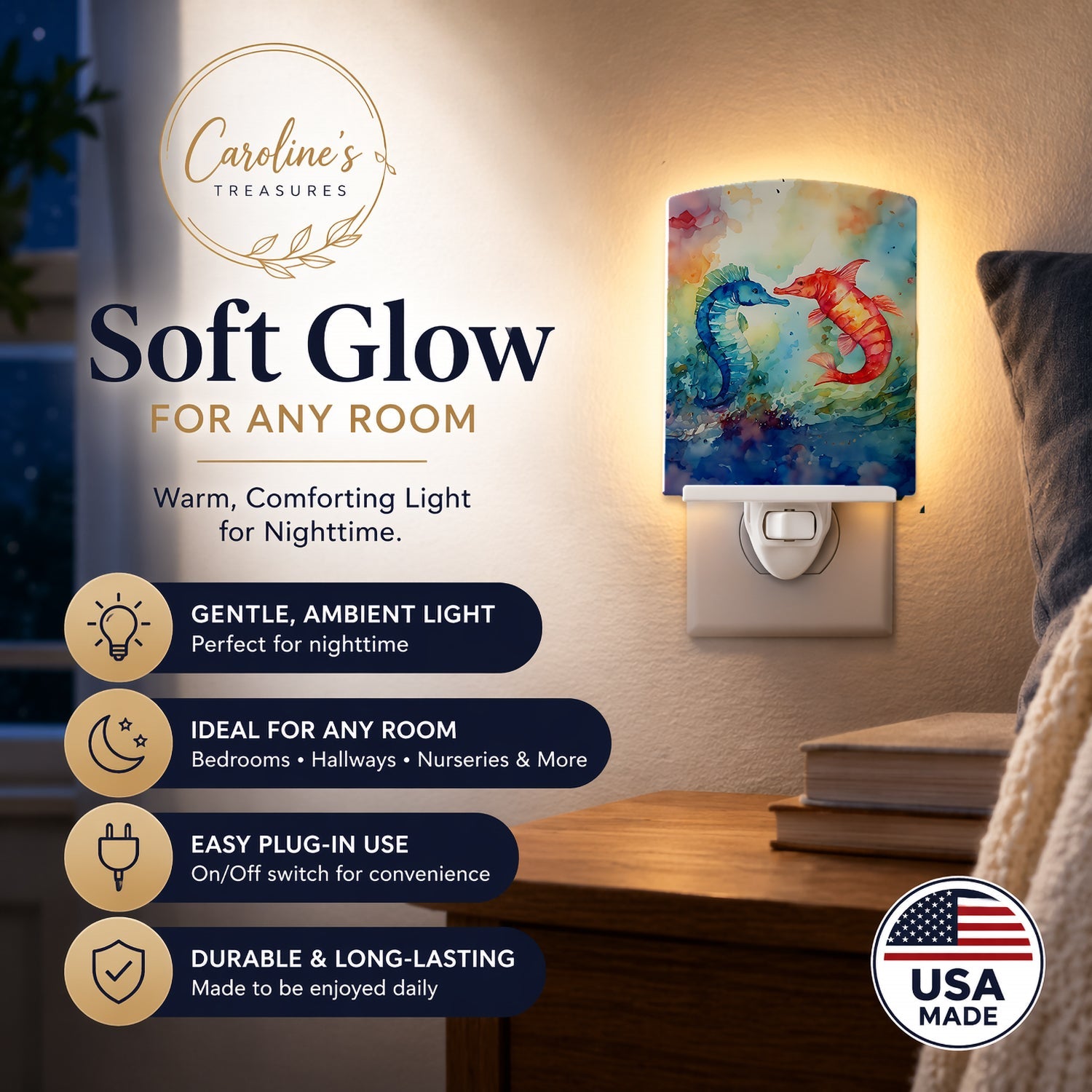 Seahorses Ceramic Night Light Compact, UL-Certified, Ideal for Bedroom, Bathroom, Nursery, Hallway, Kitchen, 6x4x3, Multicolor