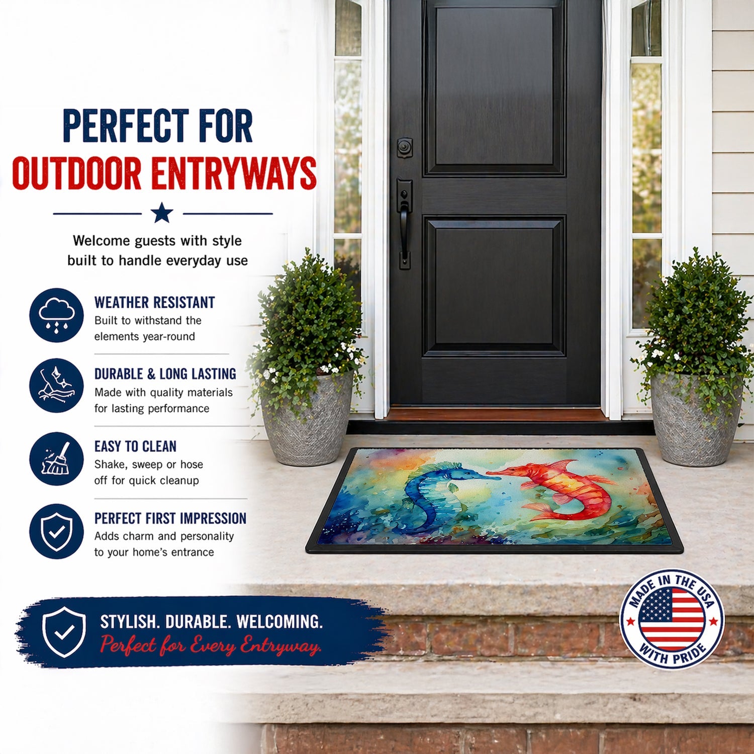 Seahorses Doormat Indoor Outdoor 24H X 36W Front Door Mat Rugs for Entryway, Non Slip Washable Low Pile,