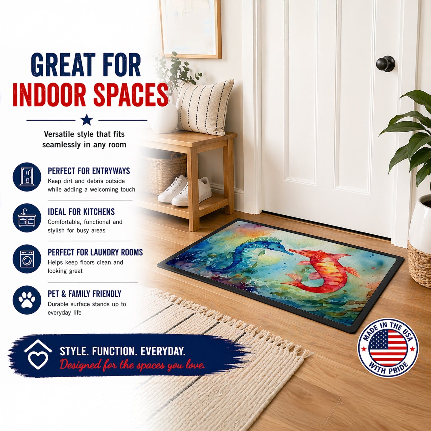 Seahorses Doormat Indoor Outdoor 24H X 36W Front Door Mat Rugs for Entryway, Non Slip Washable Low Pile,