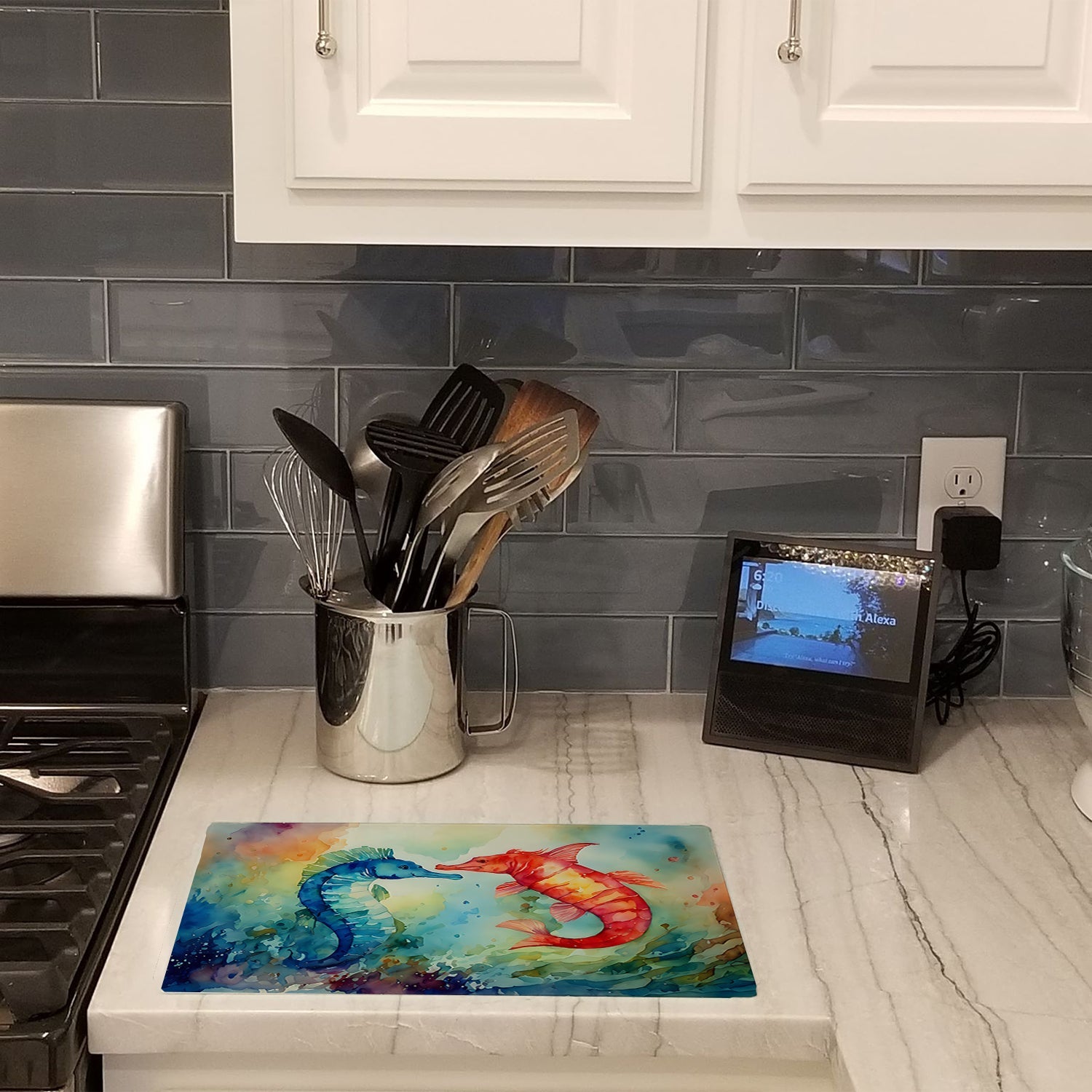 Seahorses Cutting Board Tempered Glass Kitchen Cutting Surface, Heat Resistant Chopping, Non-Slip Feet, Food Prep & Serving