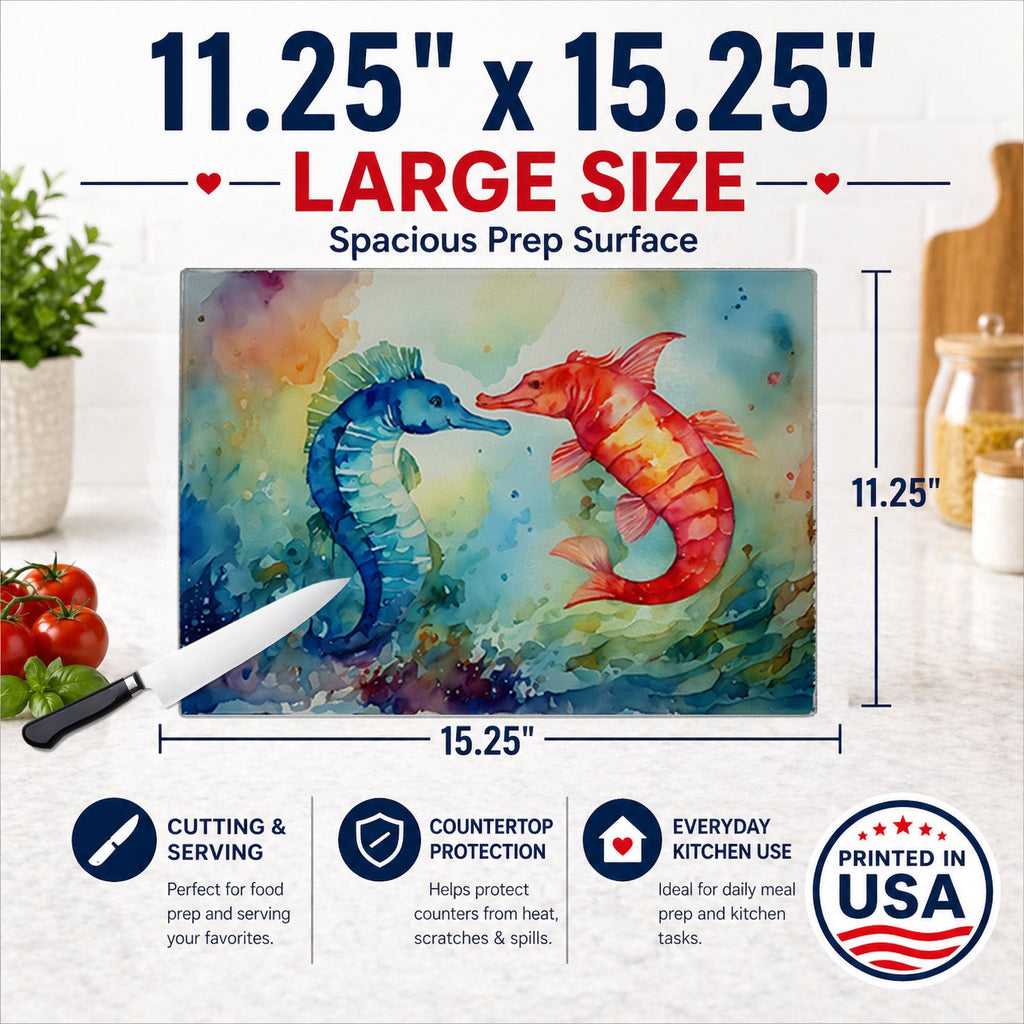 Seahorses Cutting Board Tempered Glass Kitchen Cutting Surface, Heat Resistant Chopping, Non-Slip Feet, Food Prep & Serving