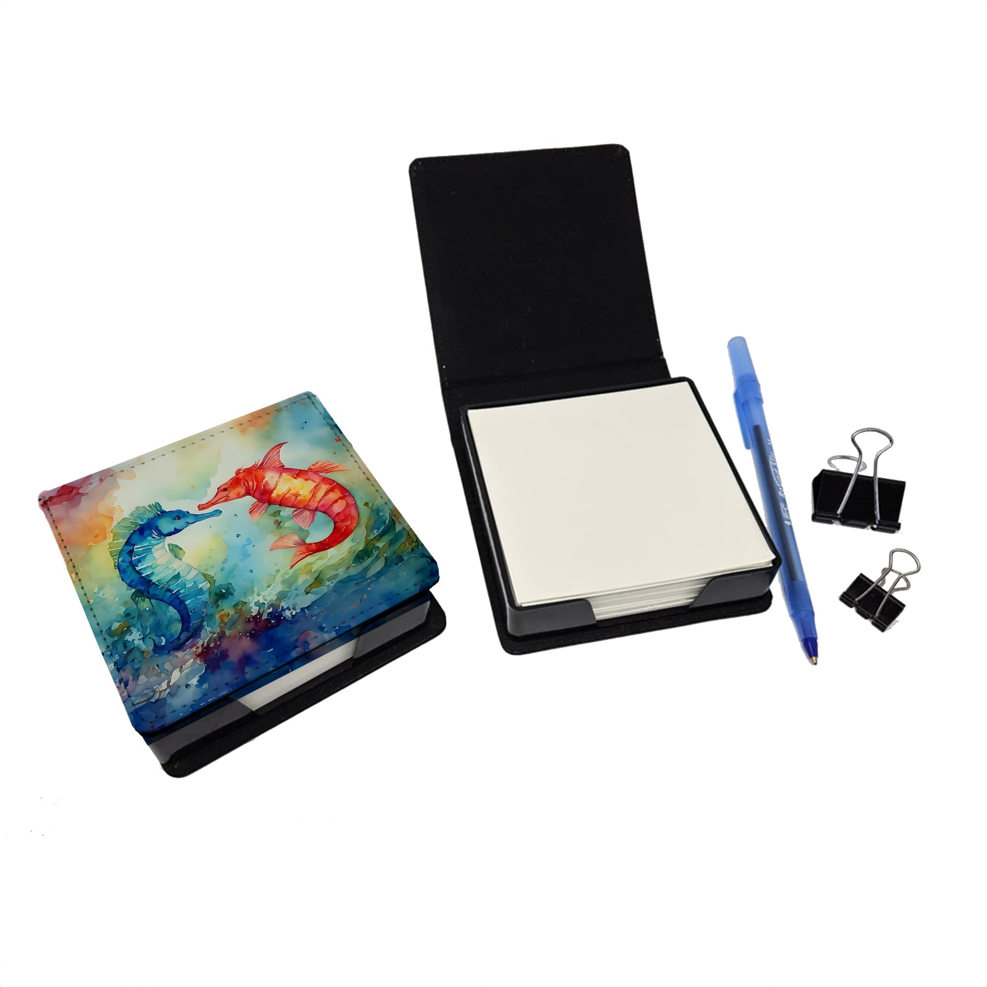 Seahorses PU Leather Note Paper Holder with Artist-Designed Cover, Desk Accessory, Office Gift