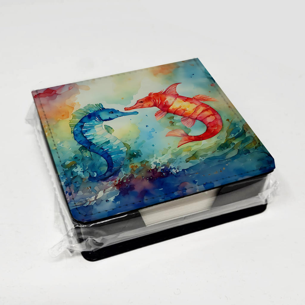 Seahorses PU Leather Note Paper Holder with Artist-Designed Cover, Desk Accessory, Office Gift