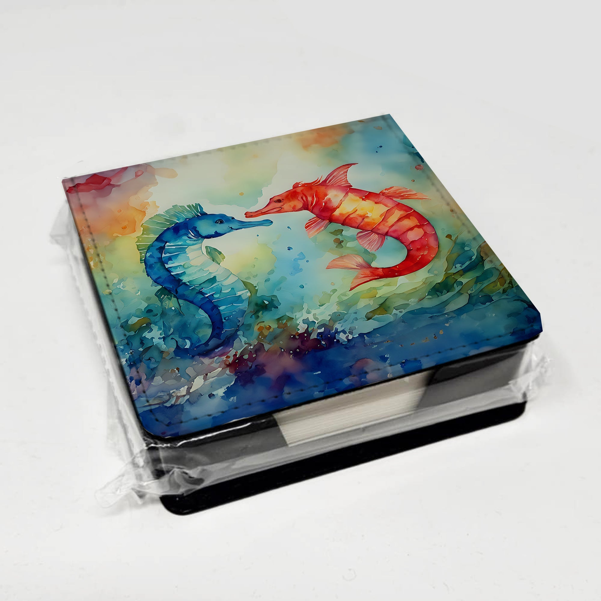 Seahorses PU Leather Note Paper Holder with Artist-Designed Cover, Desk Accessory, Office Gift