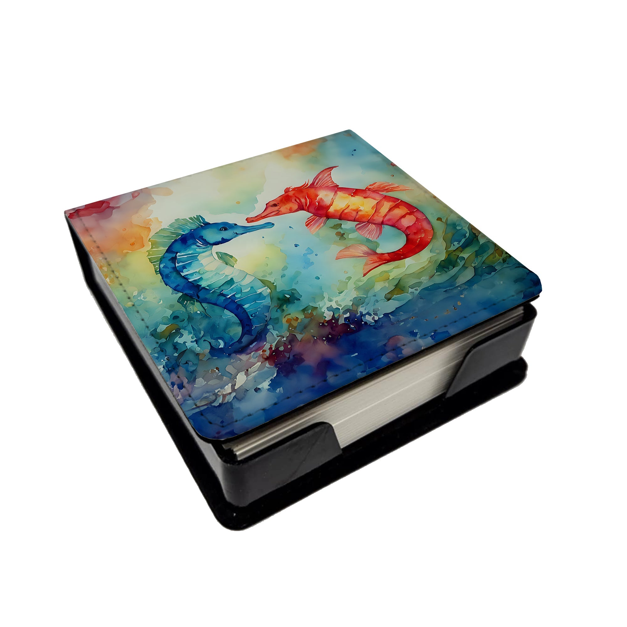 Seahorses PU Leather Note Paper Holder with Artist-Designed Cover, Desk Accessory, Office Gift