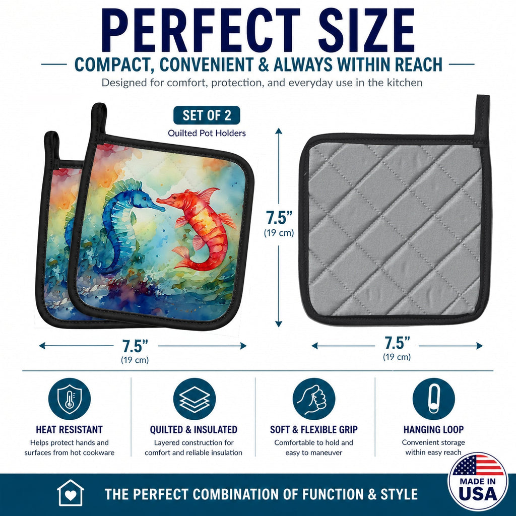 Seahorses Pot Holder Set of 2 Heat Resistant Quilted Hot Pads 7.5 x 7.5 Inch, Insulated Kitchen Trivets for Cooking & Baking