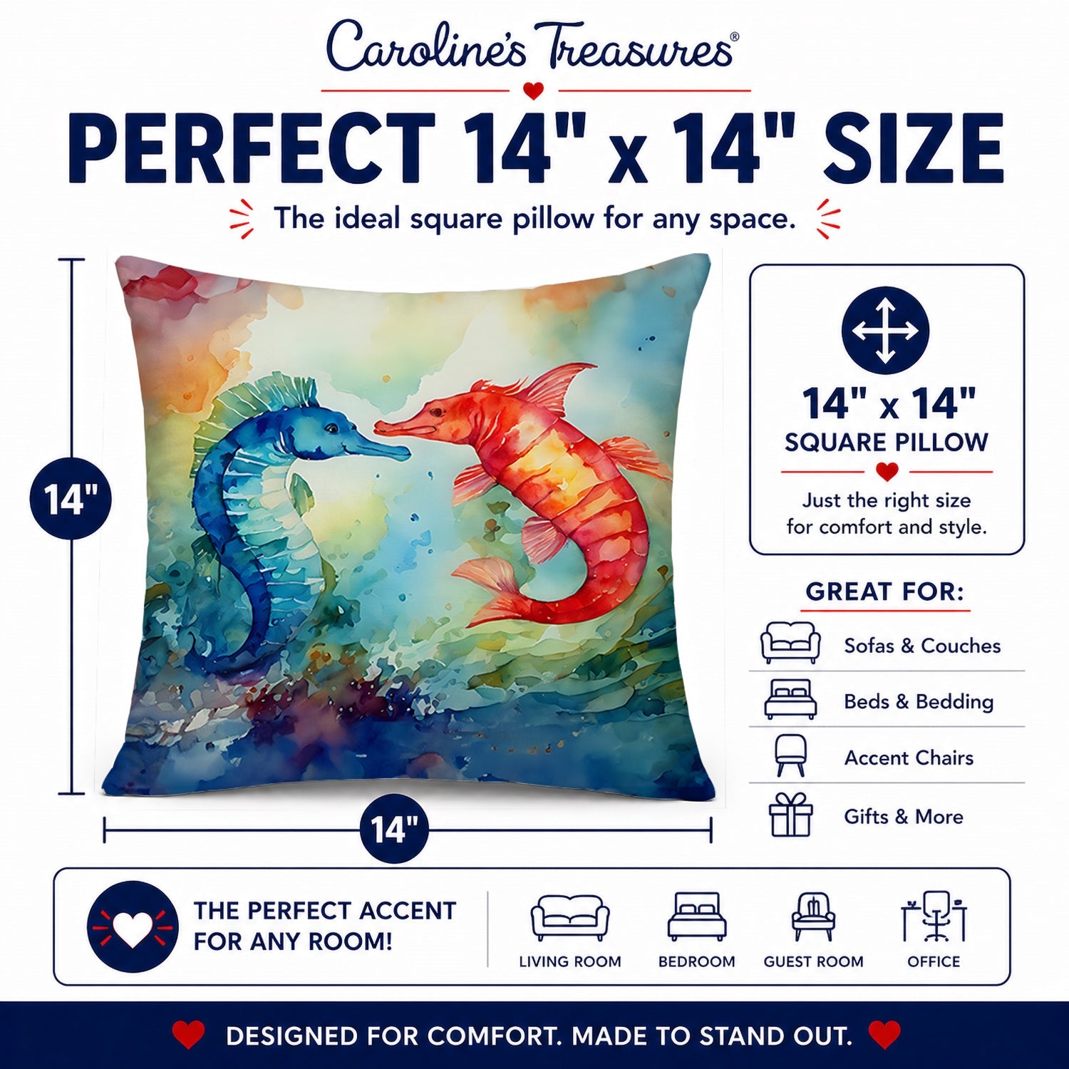 Seahorses Decorative Throw Pillow 14x14 Indoor Outdoor Accent Cushion, Fabric Cover with Insert for Sofa, Bed, Porch & Living Room