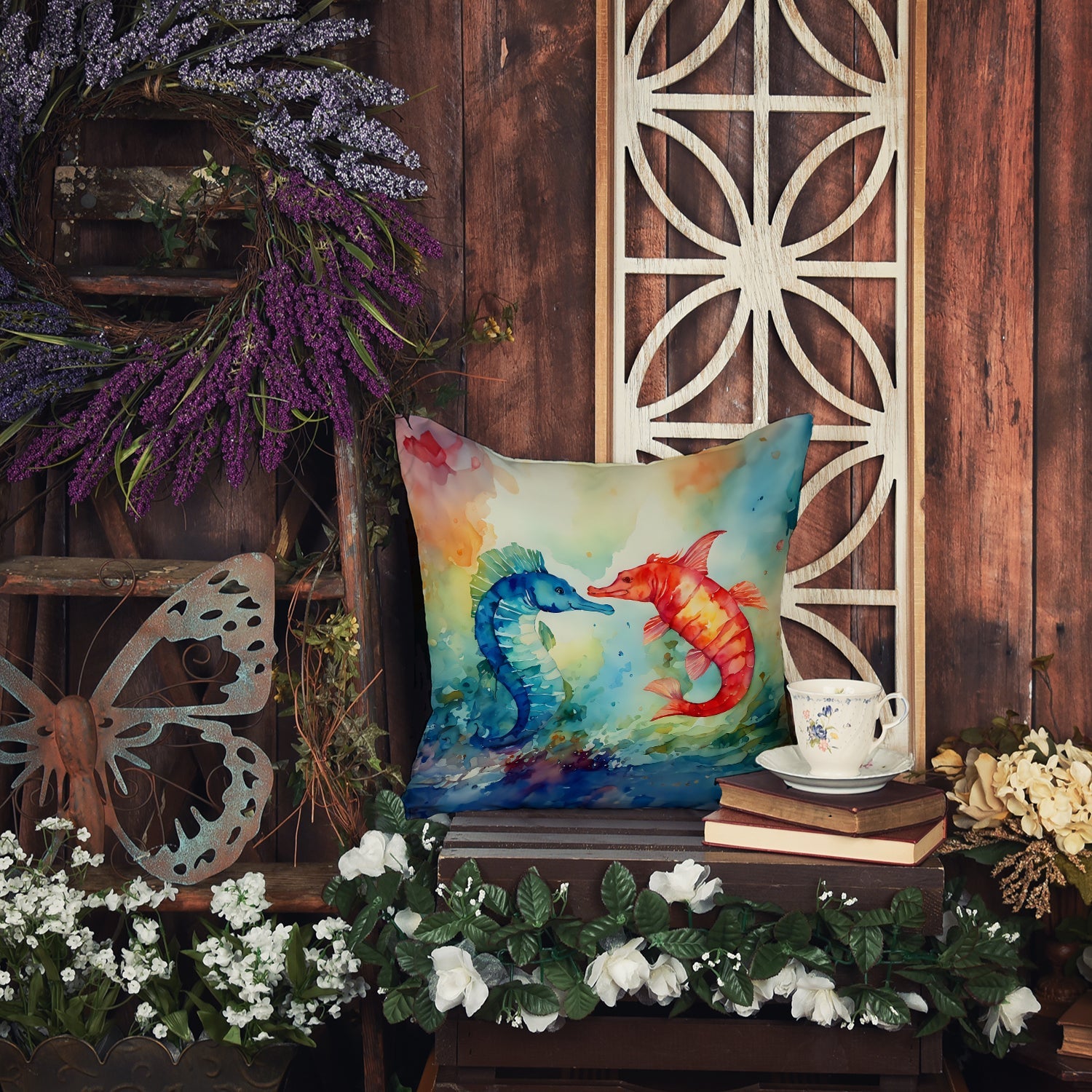 Seahorses Decorative Throw Pillow 18x18 Indoor Outdoor Accent Cushion, Fabric Cover with Insert for Sofa, Bed, Porch & Living Room