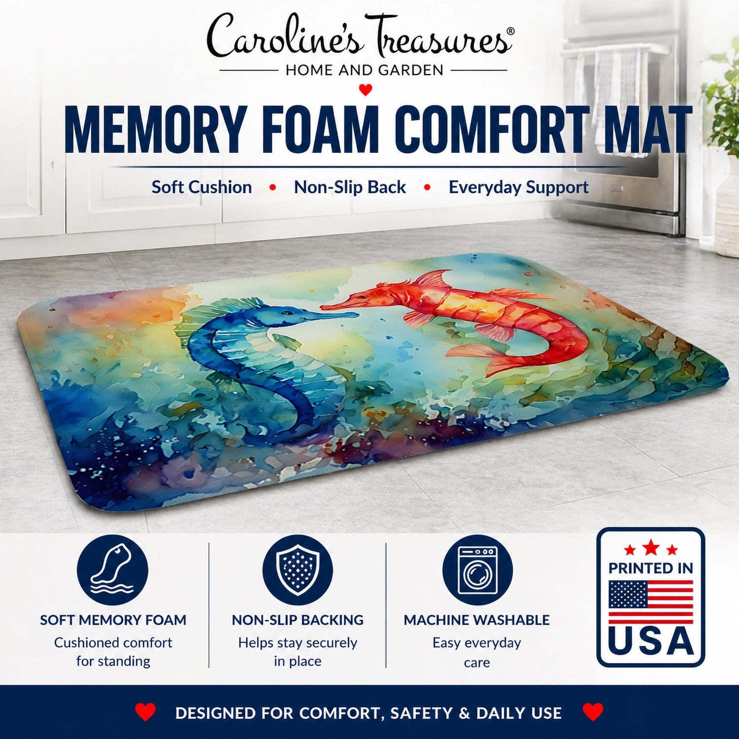 Seahorses Memory Foam Kitchen Mat Machine Washable Anti-Fatigue Cushion Comfort Bath or Kitchen Rug